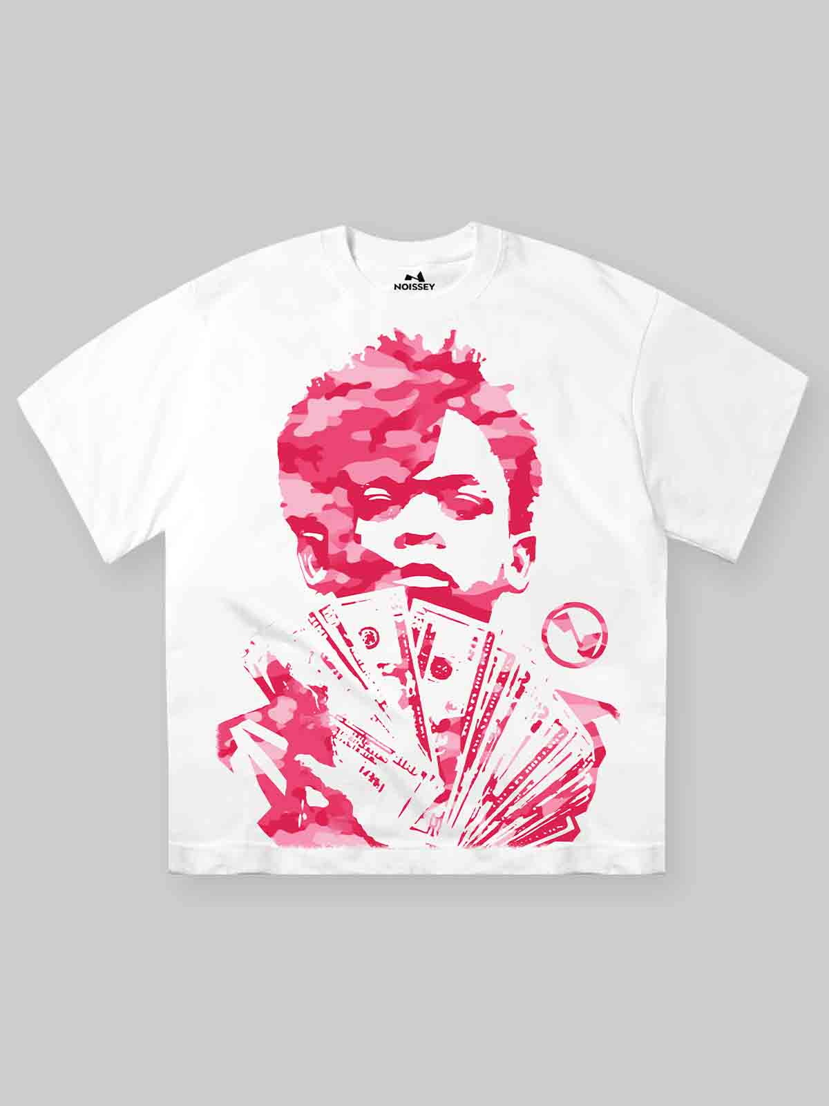 NOISSEY white cooling t-shirt featuring pink camo portrait holding money stack
