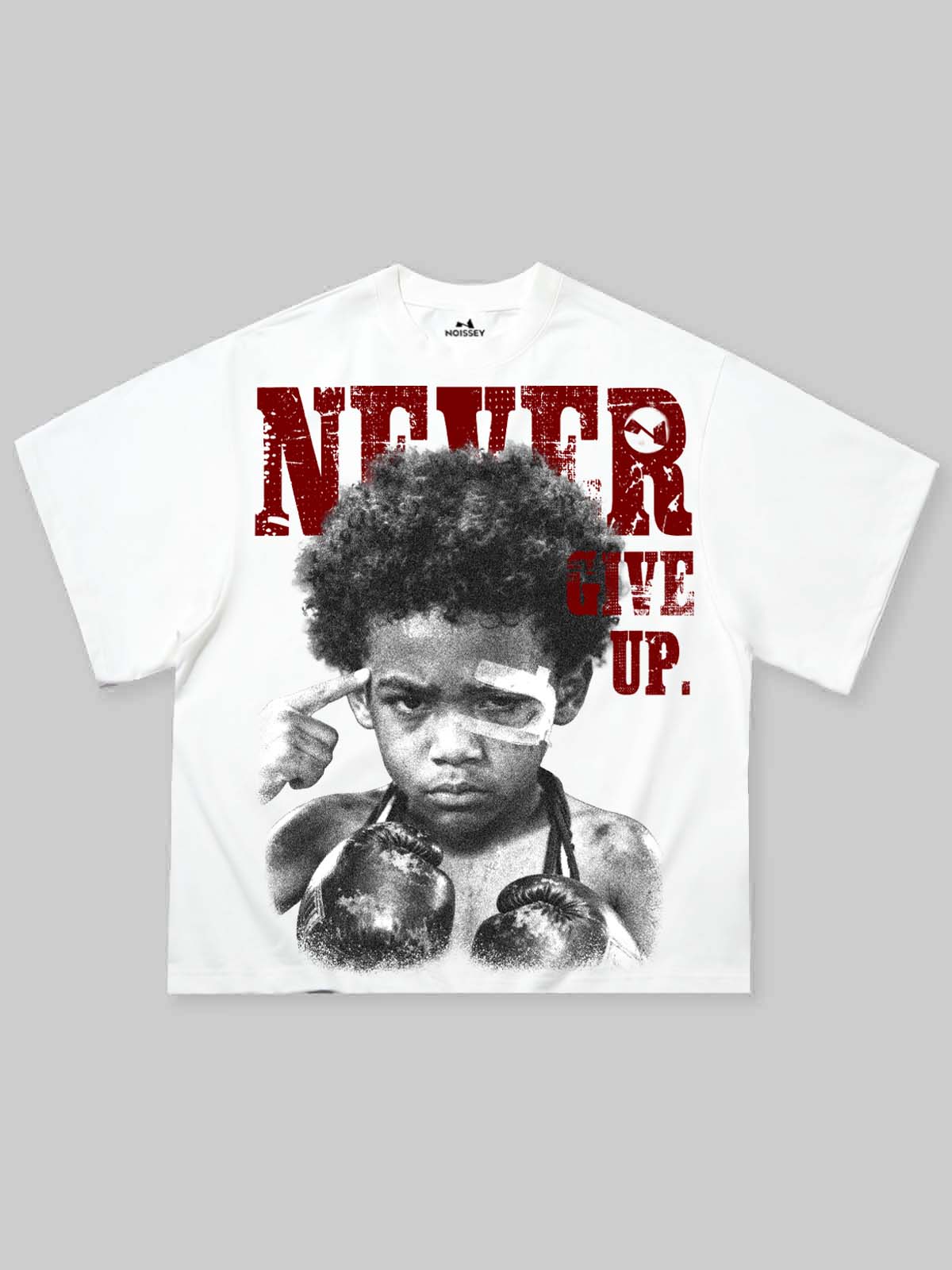 NOISSEY white cooling t-shirt featuring young boxer boy "Never Give Up" graphic