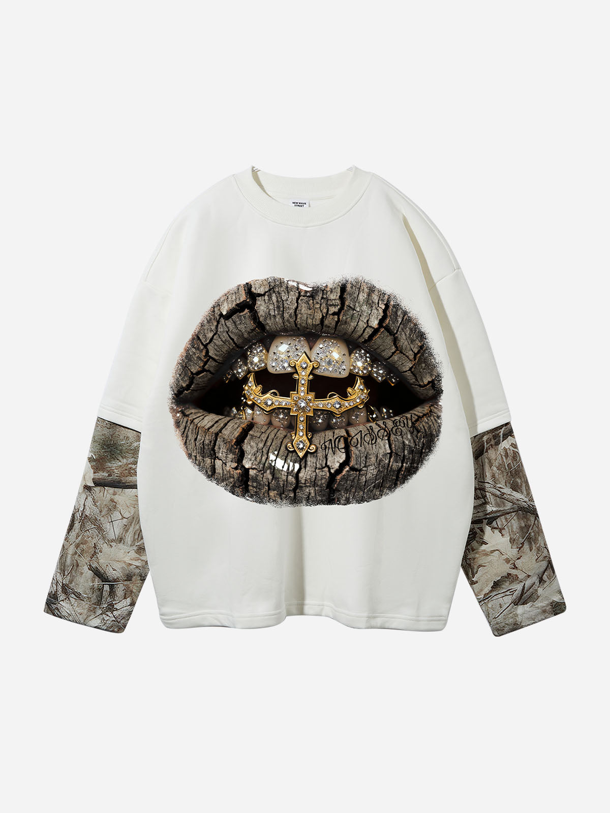 NOISSEY white fake two-piece t-shirt with real tree camo sleeves and golden cross lip graphic