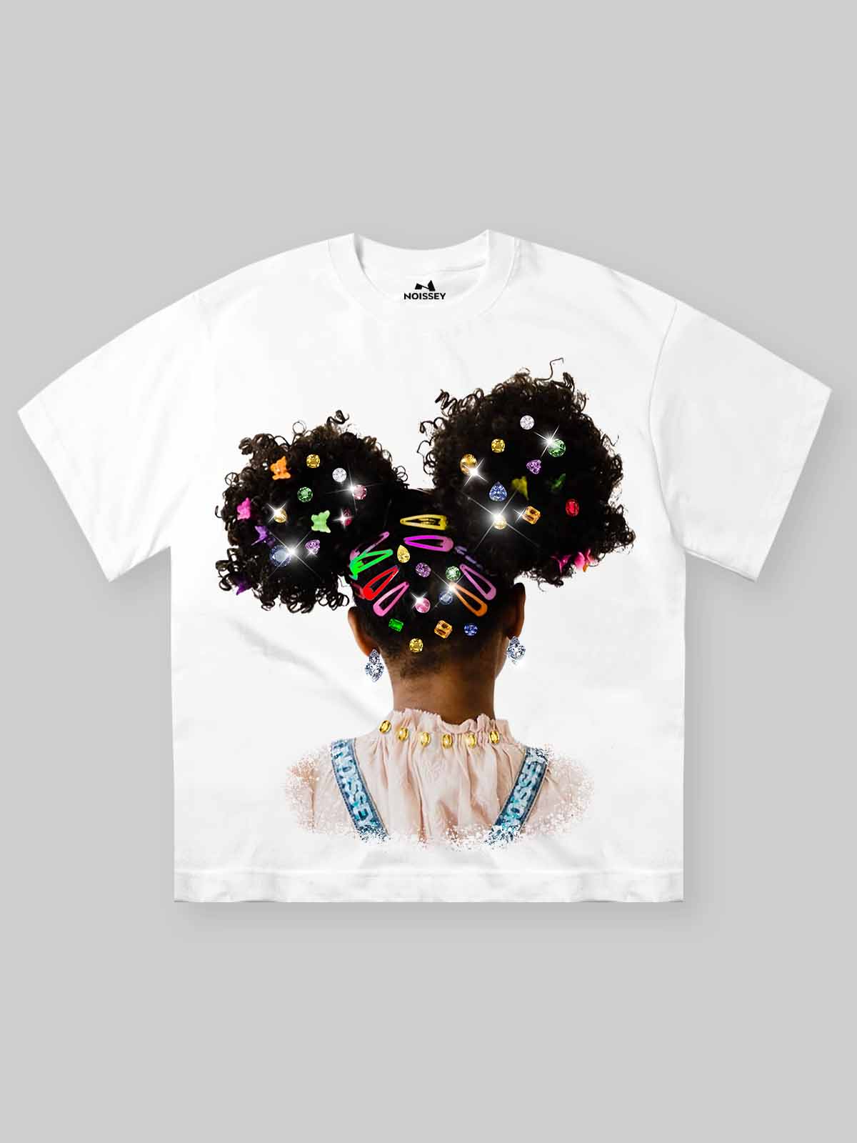 NOISSEY white heavyweight t-shirt featuring afro puffs girl graphic with colorful hair clips