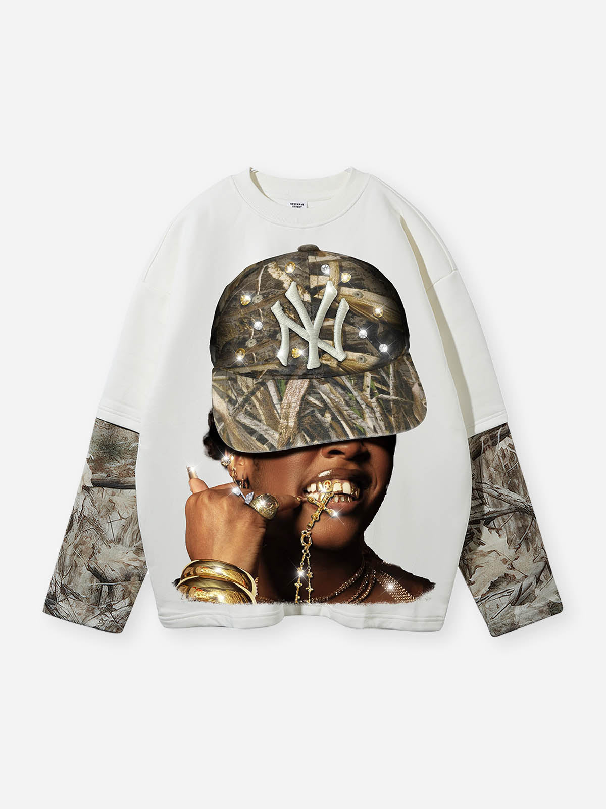 NOISSEY white layered long sleeve with real tree camo sleeves and rhinestone NY hat graphic