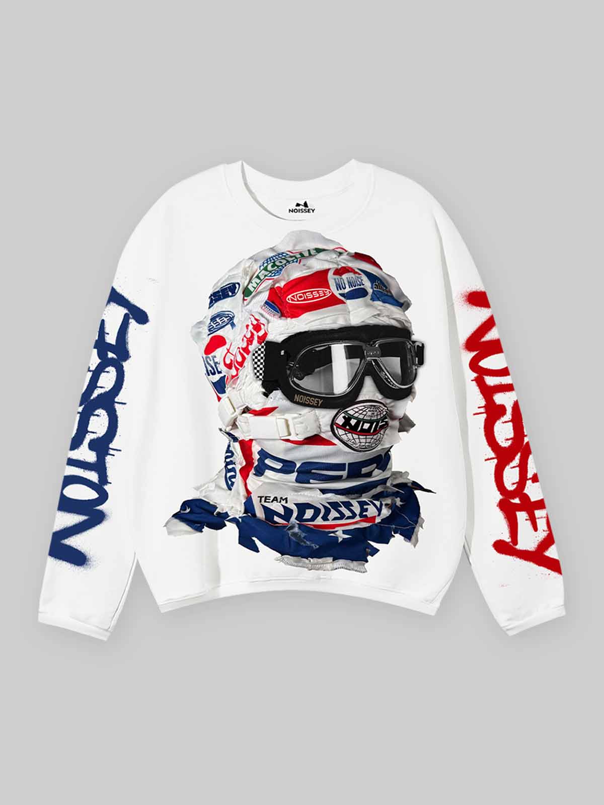 NOISSEY white long sleeve shirt featuring a racing helmet graphic and graffiti sleeve prints