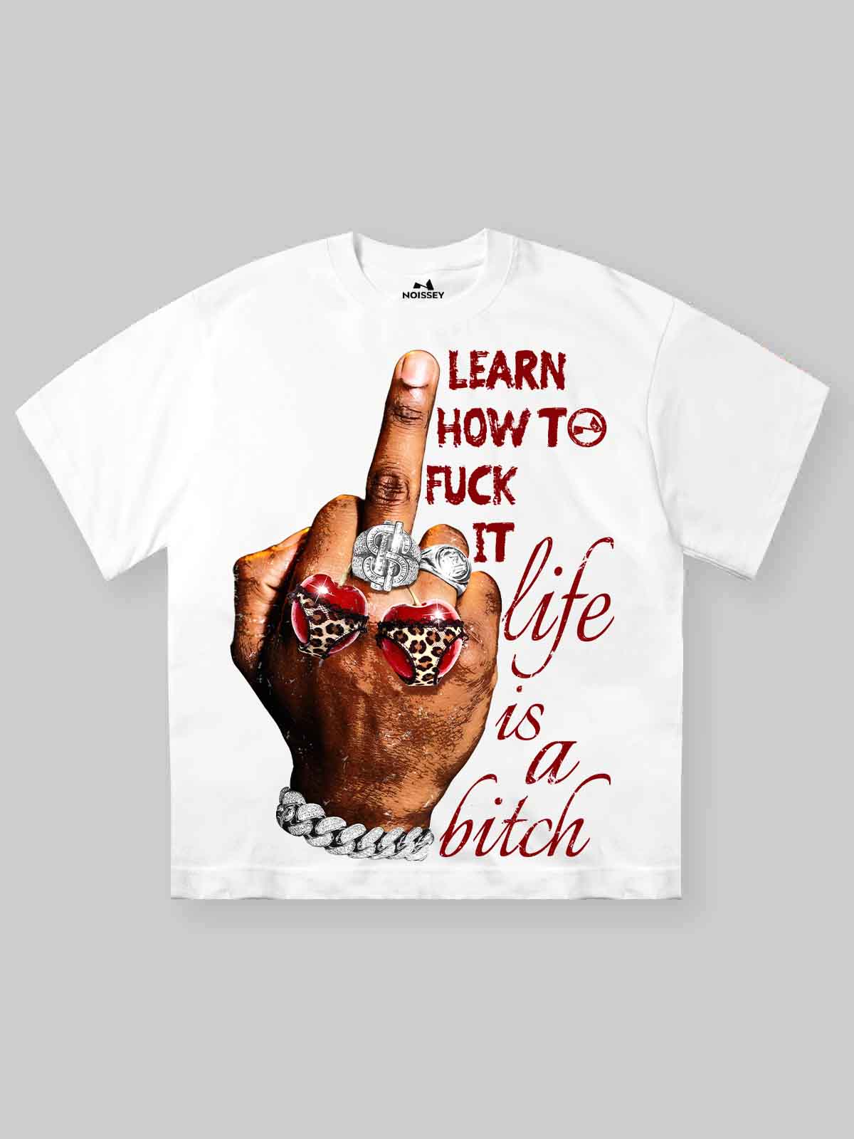 NOISSEY white oversized t-shirt with "Life Is A Bitch" middle finger graphic and leopard print cherries.