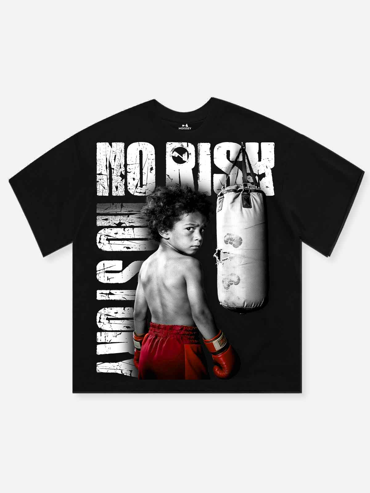 NO RISK NO STORY black t-shirt with vintage boxing movie poster graphic print