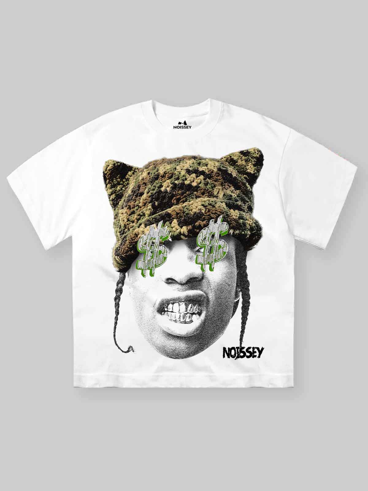 Noissey white graphic tee with character wearing camo cat-ear hat and green money eyes.