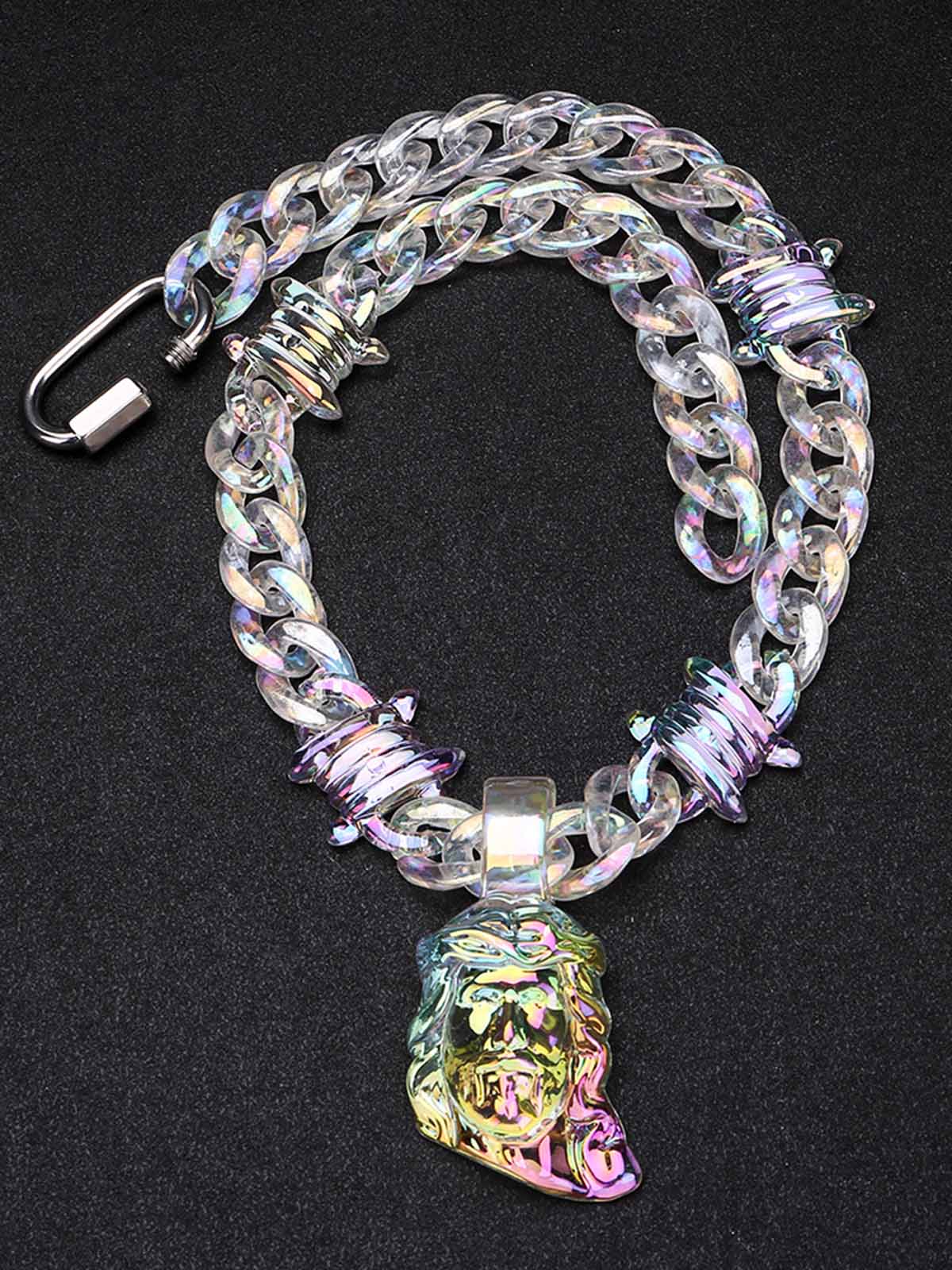 NOISSEY "Liquid Illusion" Holographic Clear Resin Jesus Piece Cuban Chain Necklace - Psychedelic Clear
