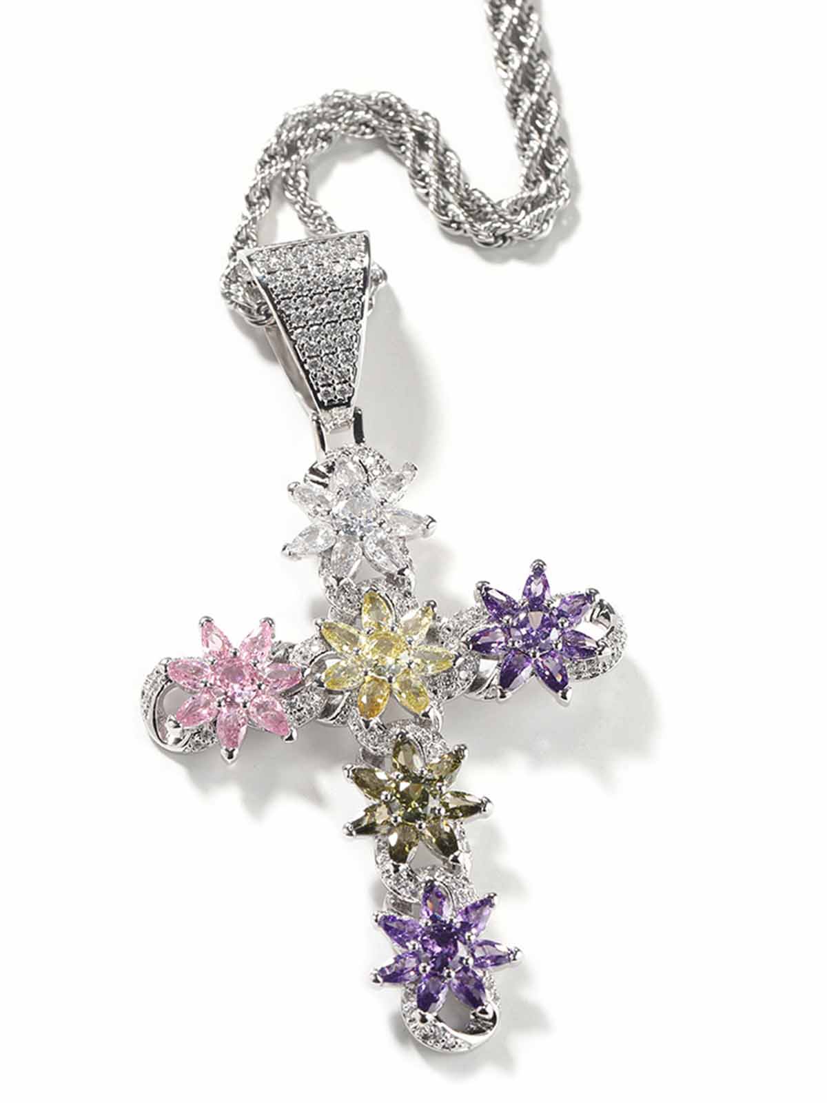 Colorful Ice Flower Cross Zircon Necklace