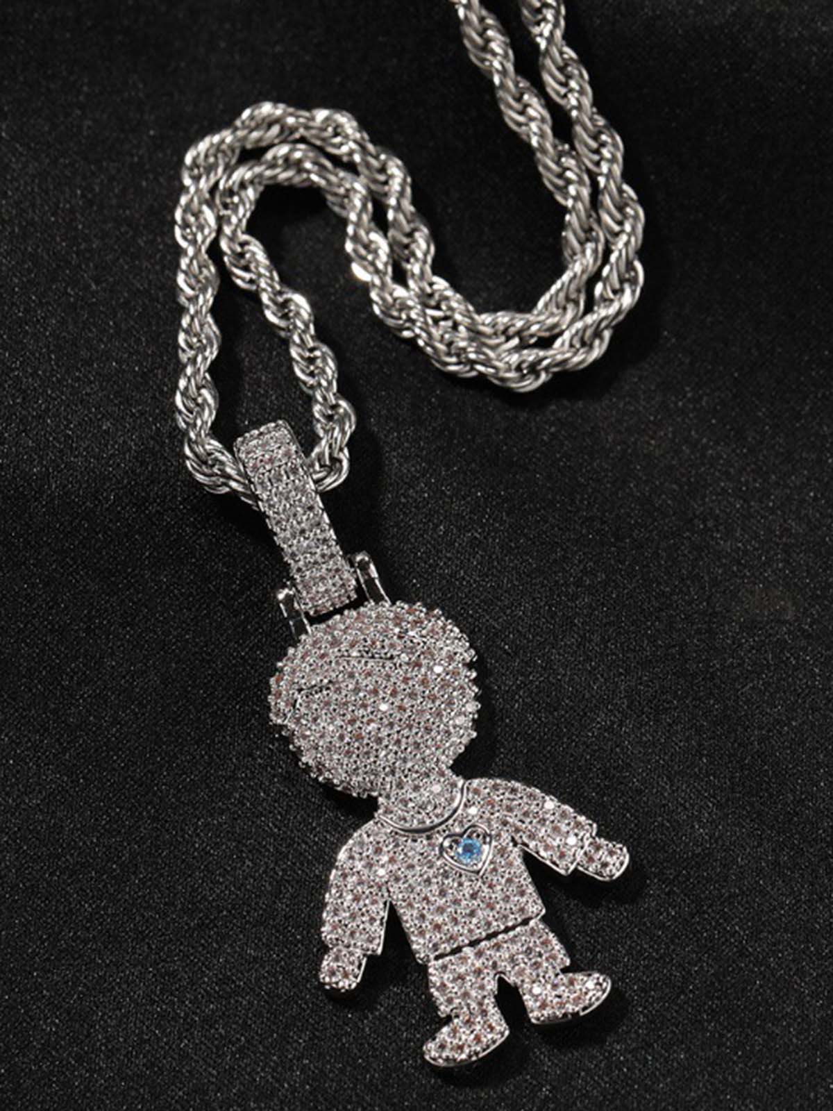 NOISSEY "Gummy Boy & Girl" Fully Iced-Out Cartoon Character Pendant & Rope Chain Necklace