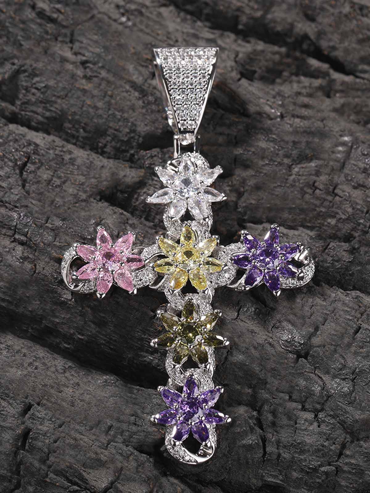 Colorful Ice Flower Cross Zircon Necklace