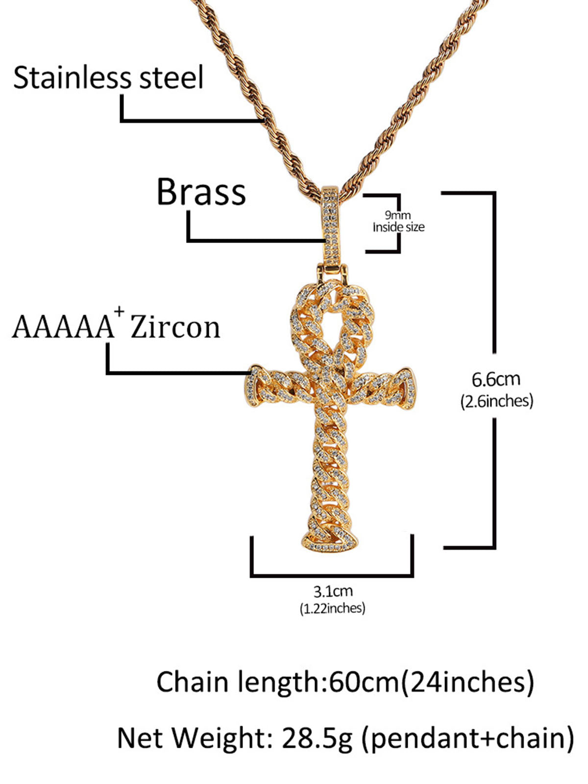 Copper-Inlaid Zircon Cross Pendant Necklace