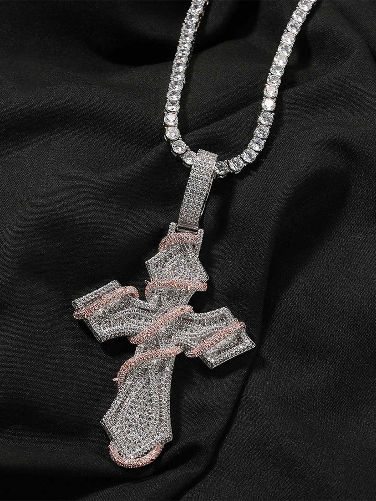 Iced Out Thorns Cross Pendant Necklace