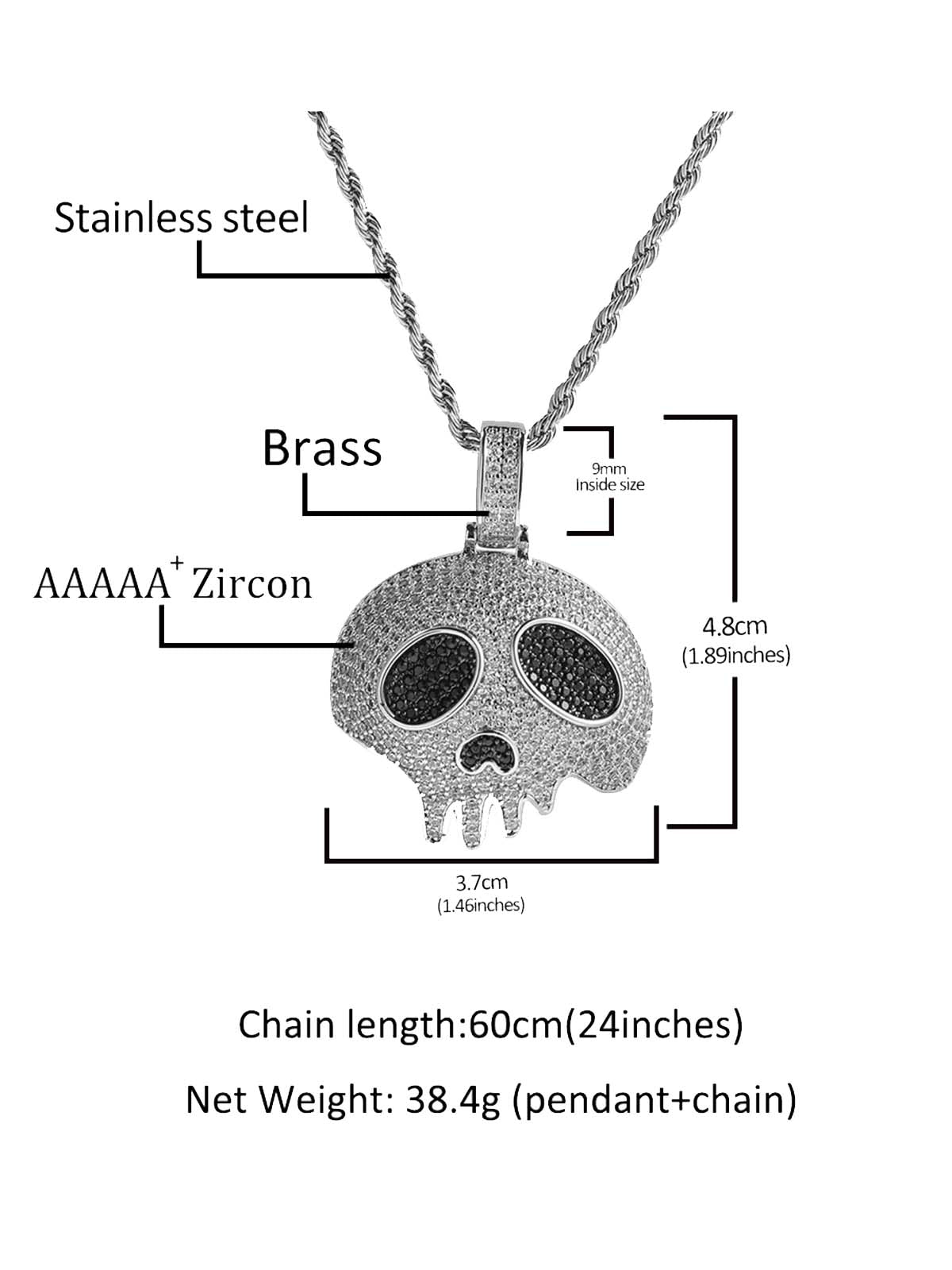 NOISSEY "Dripping Skull" Fully Iced-Out Black Zircon Pendant & Tennis Chain Necklace