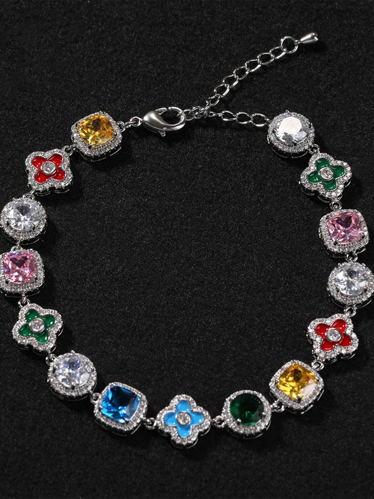 Dopamine-Colored Diamond-Encrusted Flower Geometric Adjustable Bracelet