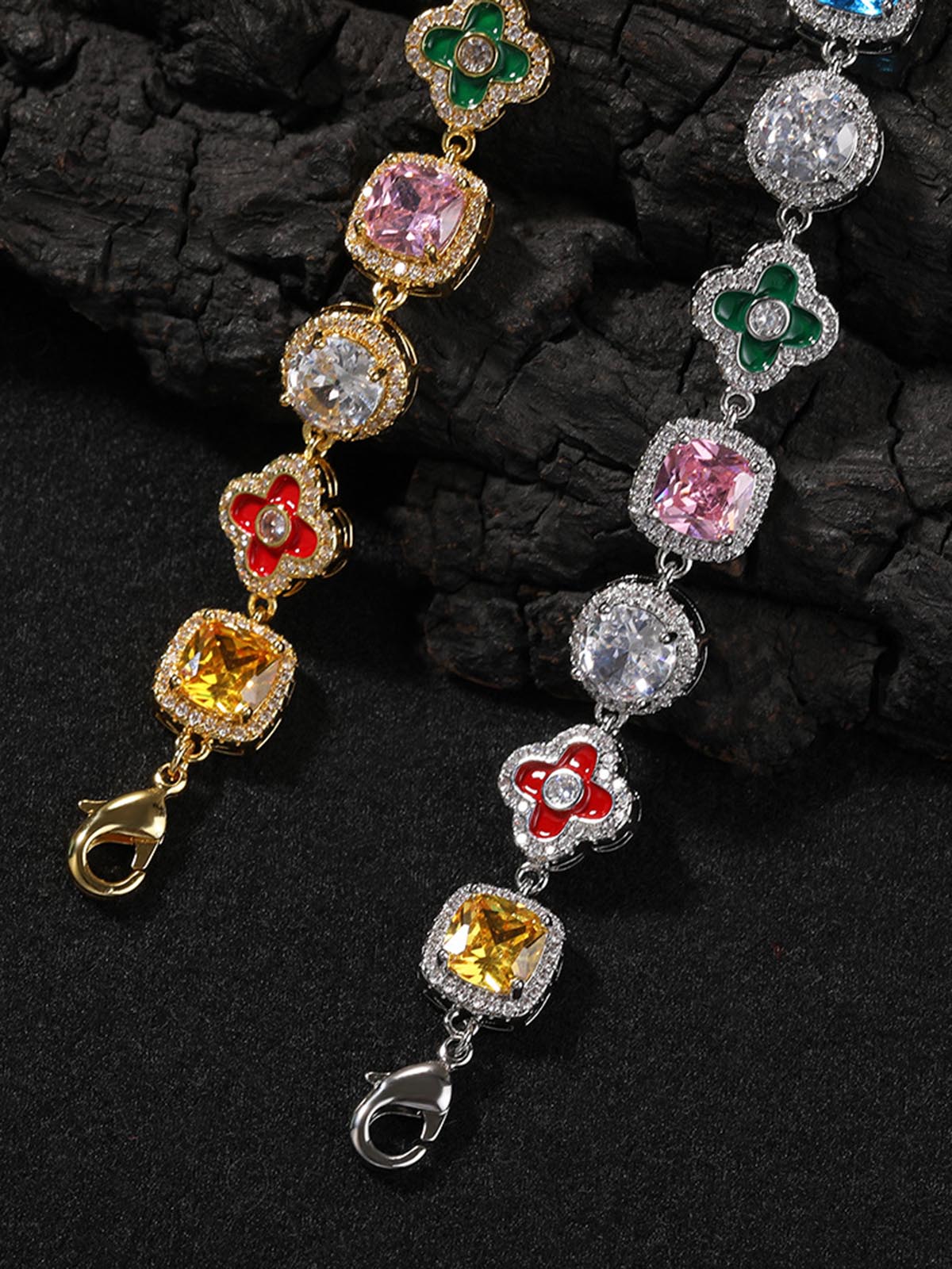 Dopamine-Colored Diamond-Encrusted Flower Geometric Adjustable Bracelet