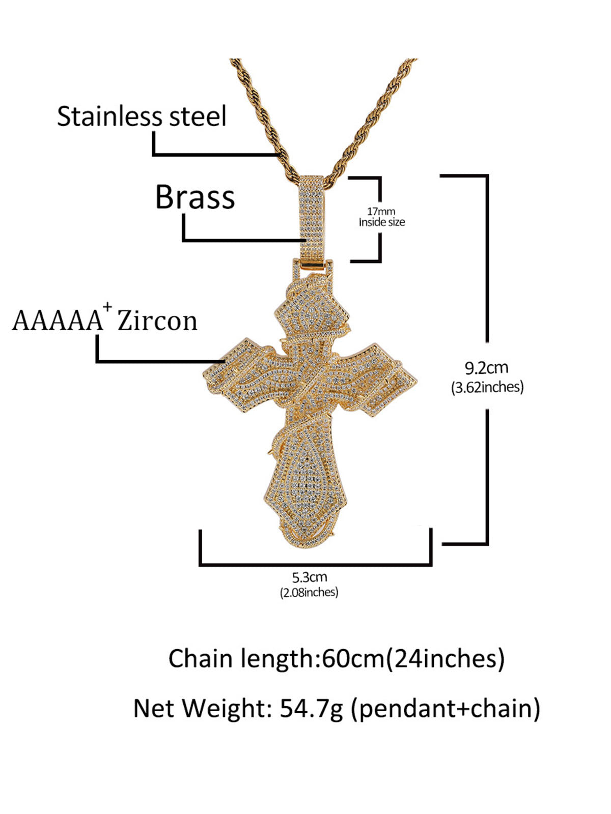 Iced Out Thorns Cross Pendant Necklace