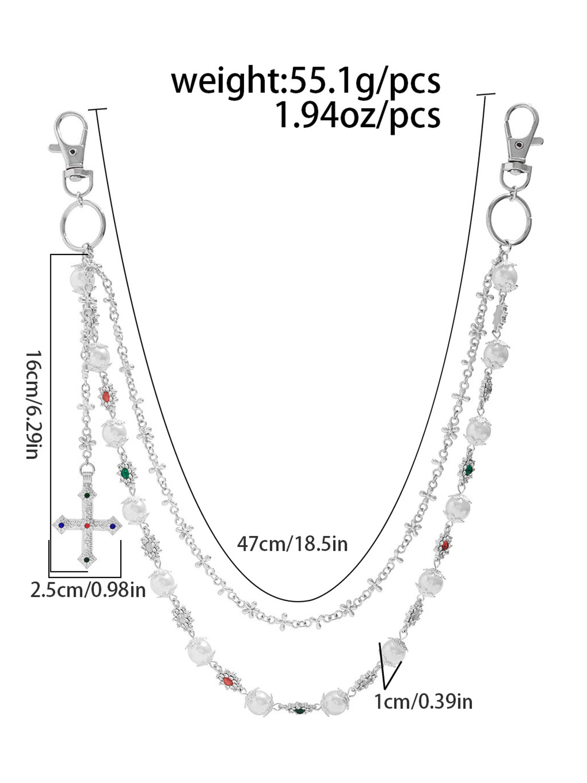 NOISSEY "SILVER BLOOM" MULTI-LAYERED PEARL & CRUCIFIX WAIST CHAIN