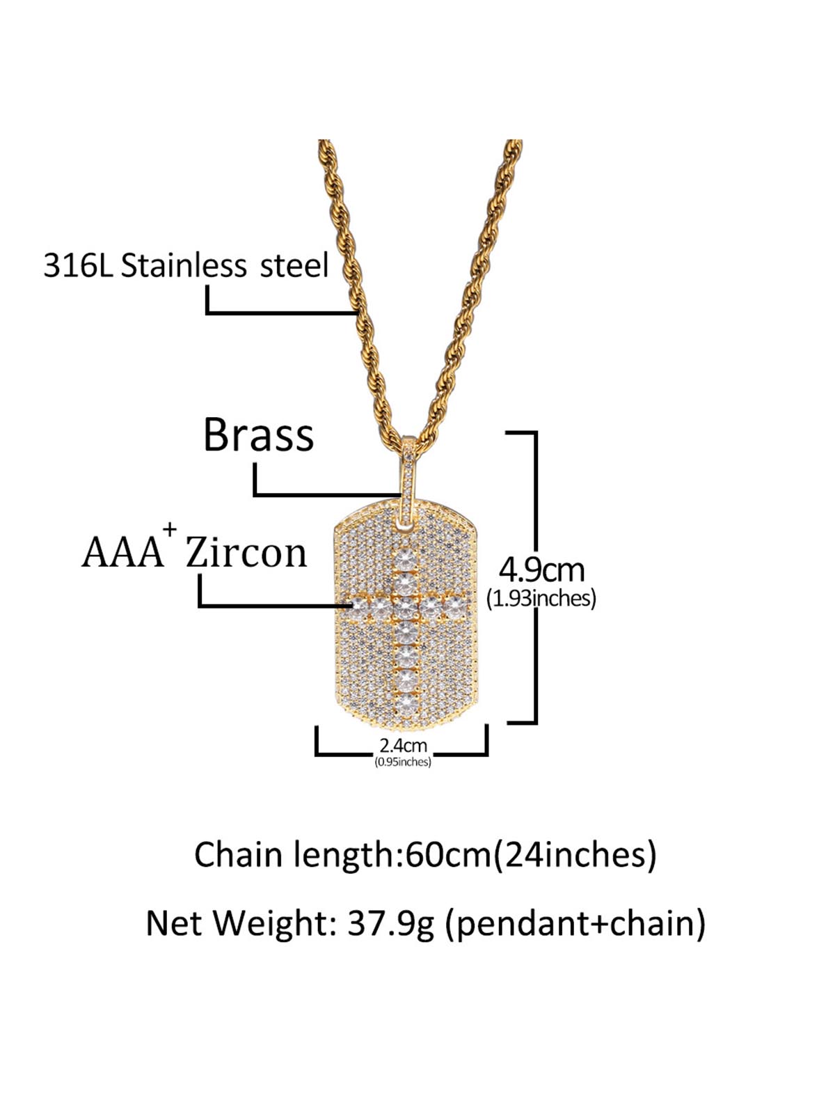 Full-Diamond Crucifix Square Copper Necklace