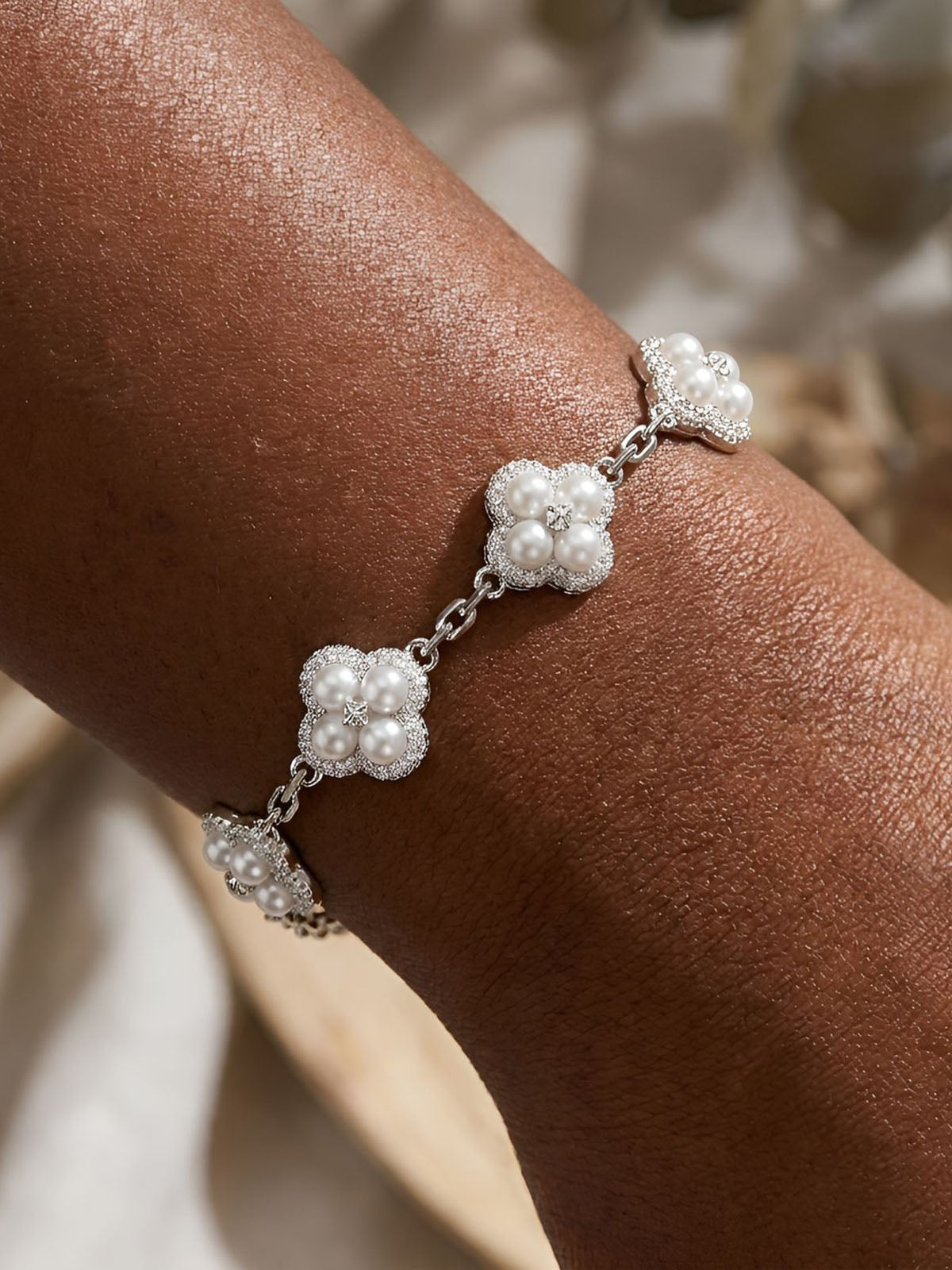 Luxury Iced Out Pearl Four-Leaf Clover Necklace & Bracelet