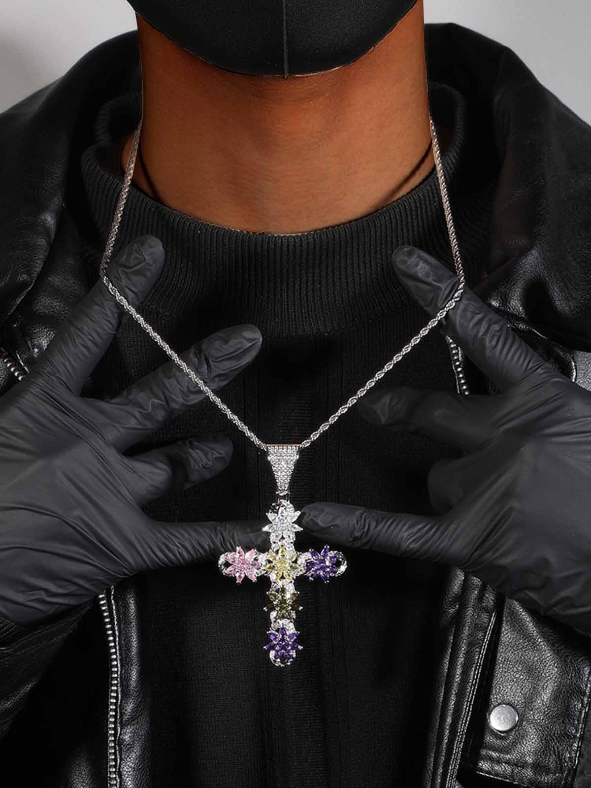 Colorful Ice Flower Cross Zircon Necklace