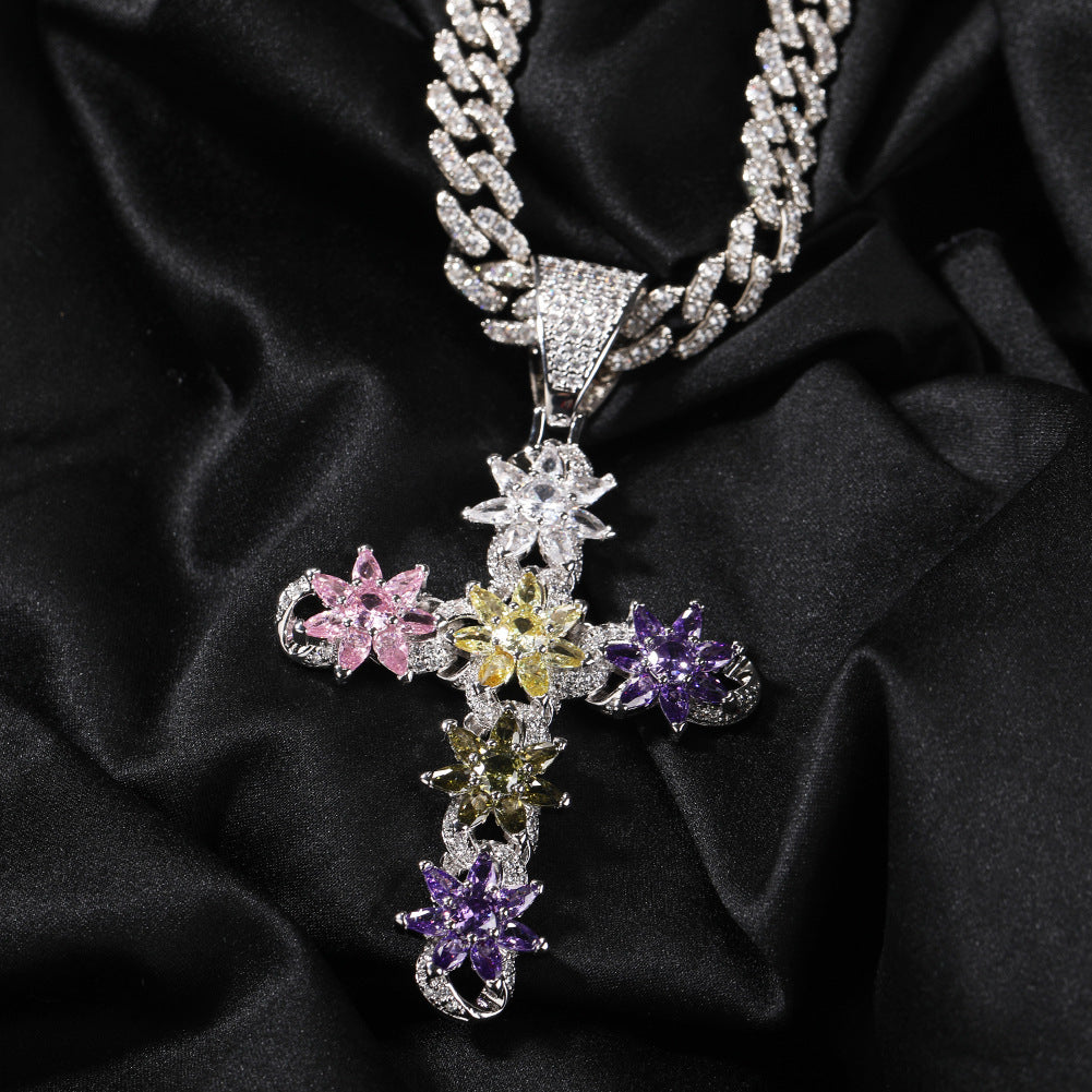 Colorful Ice Flower Cross Zircon Necklace