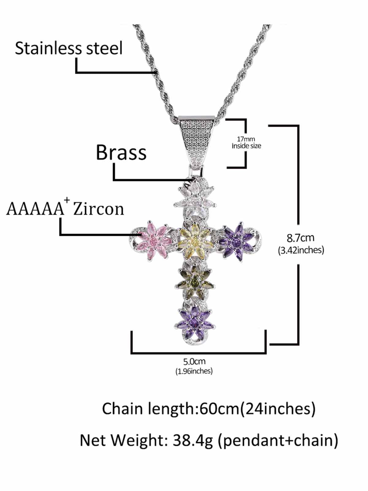 Colorful Ice Flower Cross Zircon Necklace