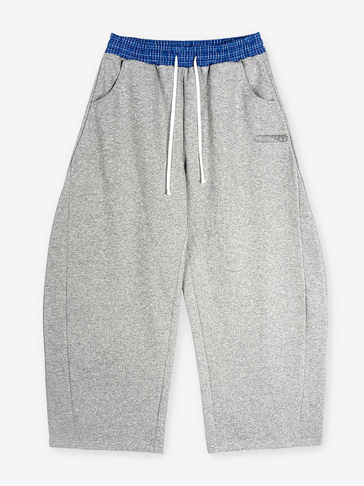 NOISSEY Plaid Waistband Curved Leg Sweatpants - Heather Grey Streetwear