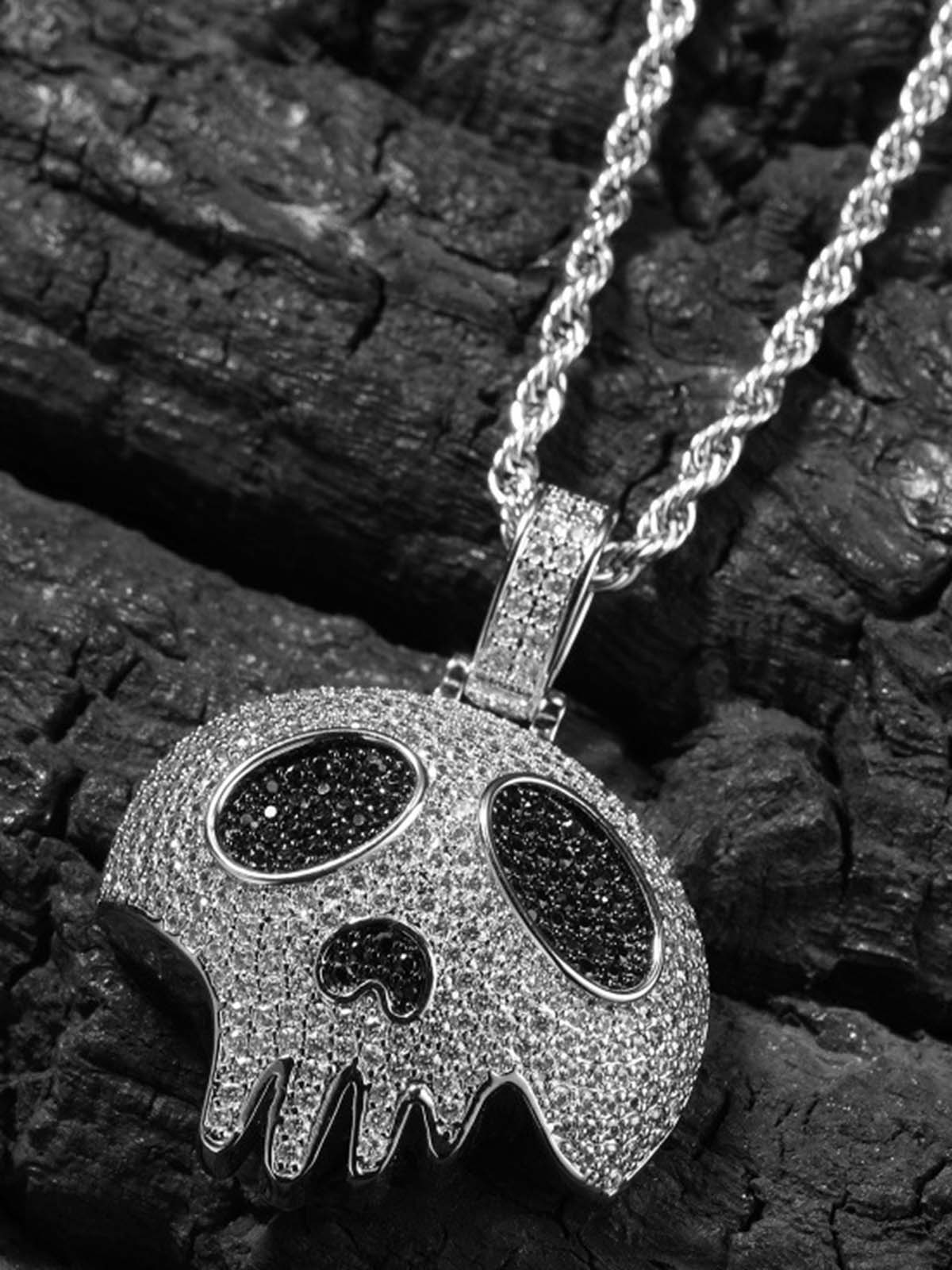 NOISSEY "Dripping Skull" Fully Iced-Out Black Zircon Pendant & Tennis Chain Necklace