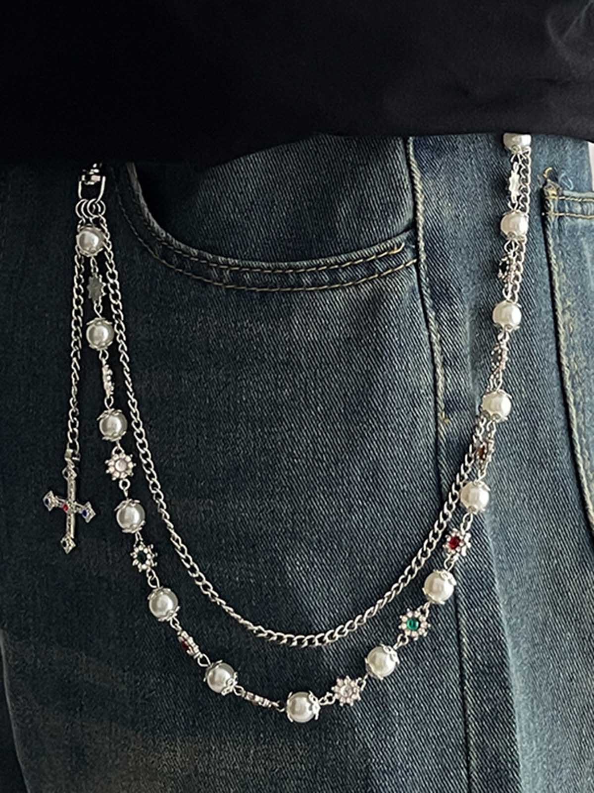 NOISSEY "SILVER BLOOM" MULTI-LAYERED PEARL & CRUCIFIX WAIST CHAIN