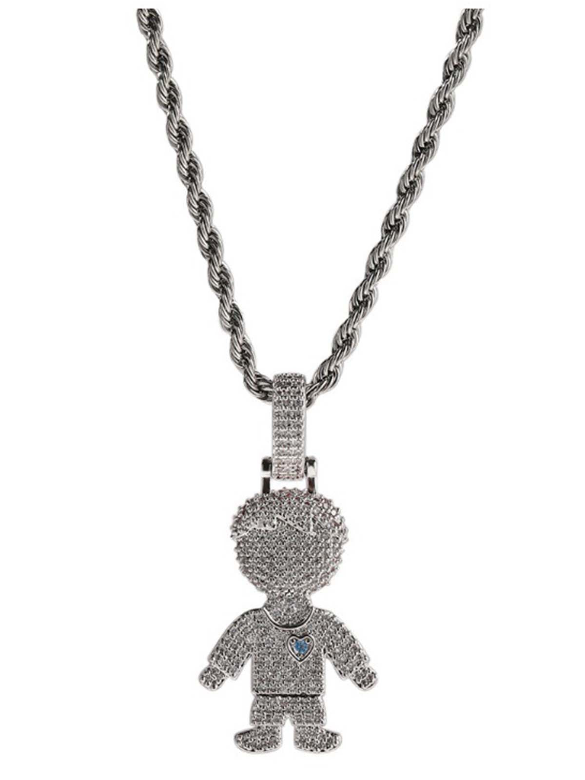 NOISSEY "Gummy Boy & Girl" Fully Iced-Out Cartoon Character Pendant & Rope Chain Necklace