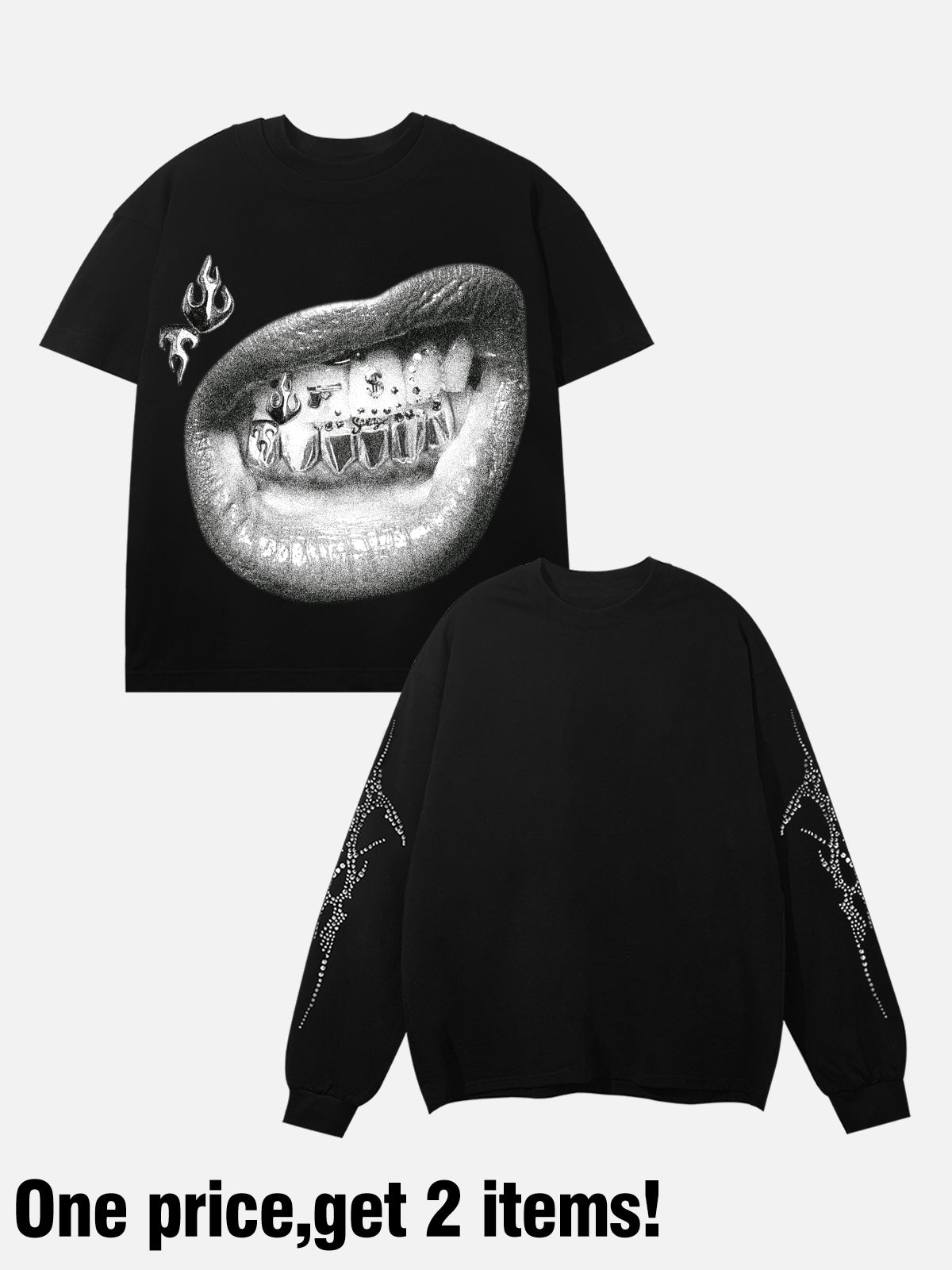 Product shot showing the two separate items included: black graphic tee and rhinestone long sleeve