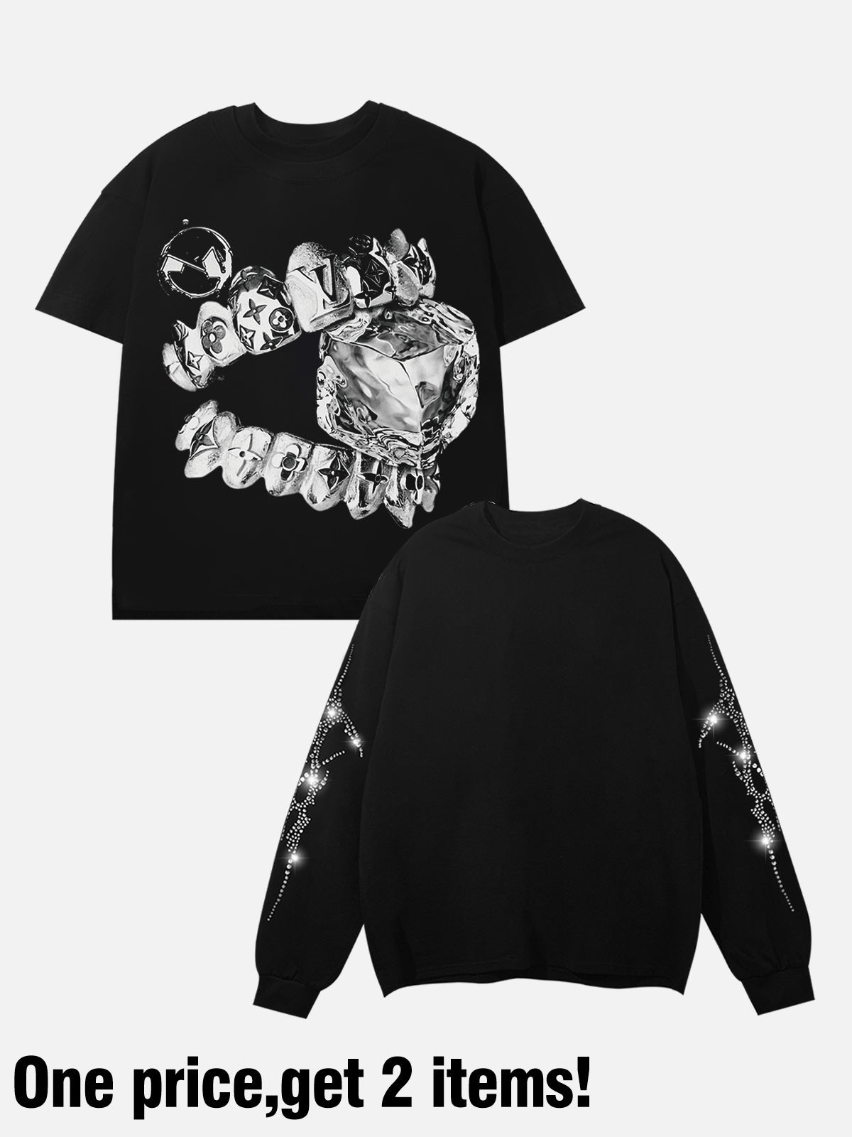 Product shot showing the two separate items included in the set: a black graphic tee and white undershirt