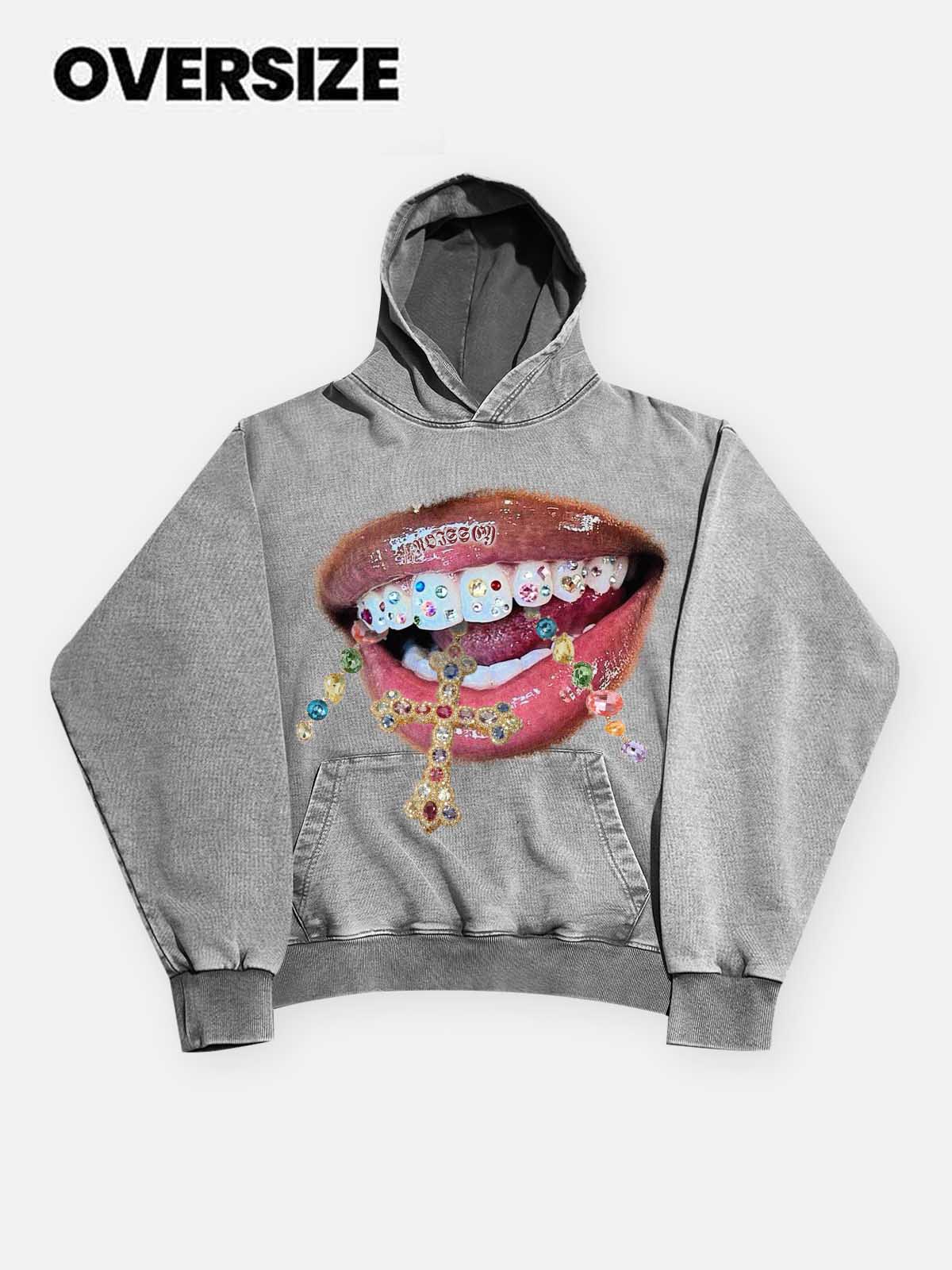 Slate grey distressed cotton hoodie (425g) with graphic print