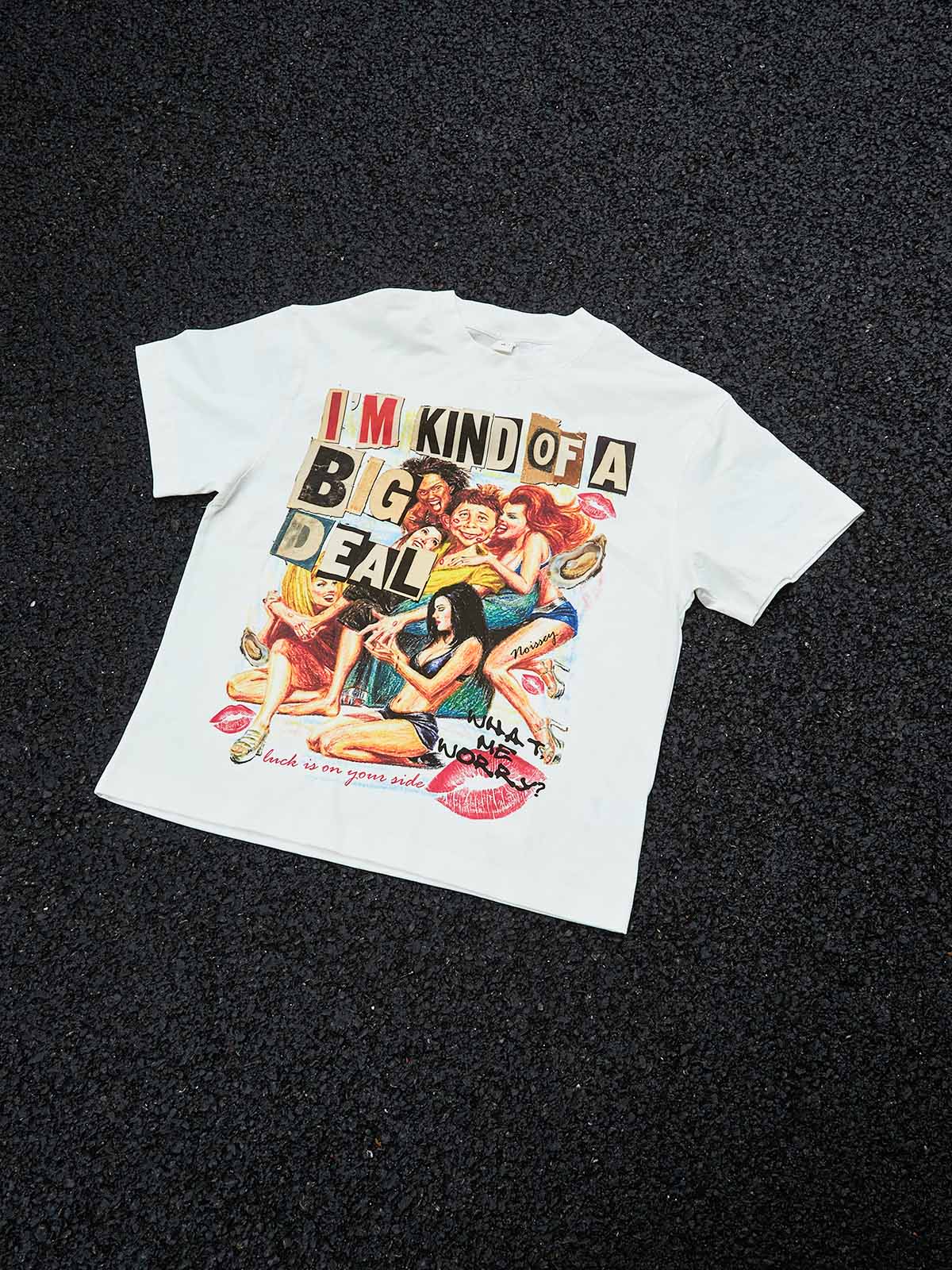 Studio flat lay of the 280GSM cotton t-shirt highlighting the vibrant high-definition screen print and reinforced collar.