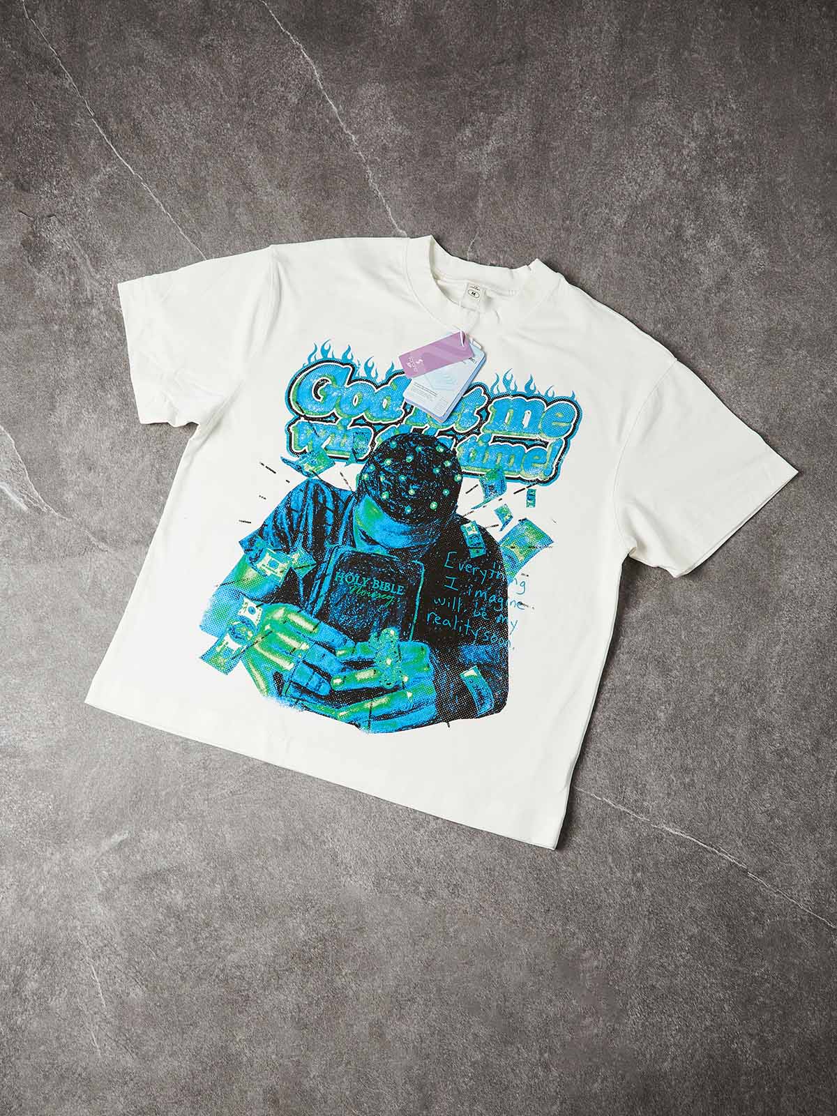 Studio layout of the 280GSM cotton tee highlighting the "God Let Me Win One Time!" bold typography and the saturated neon ink.