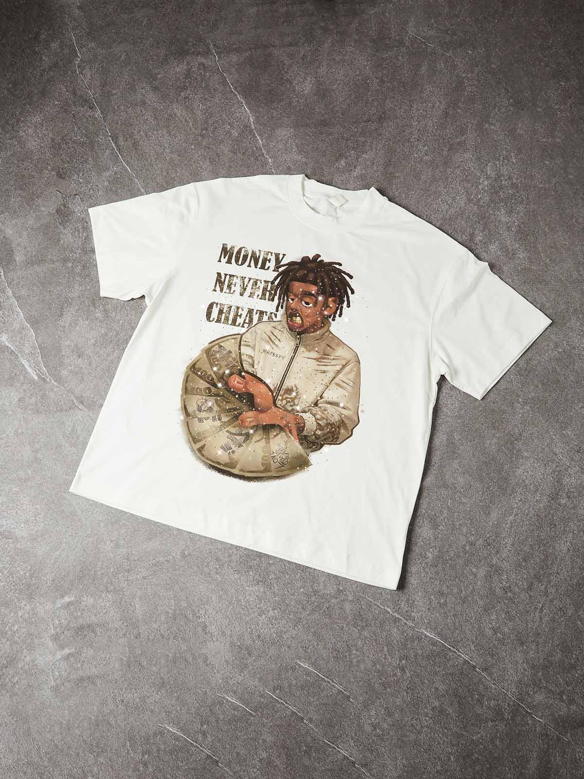 Studio layout of the 280GSM cotton tee showing the large central graphic and the premium, reinforced neckline.