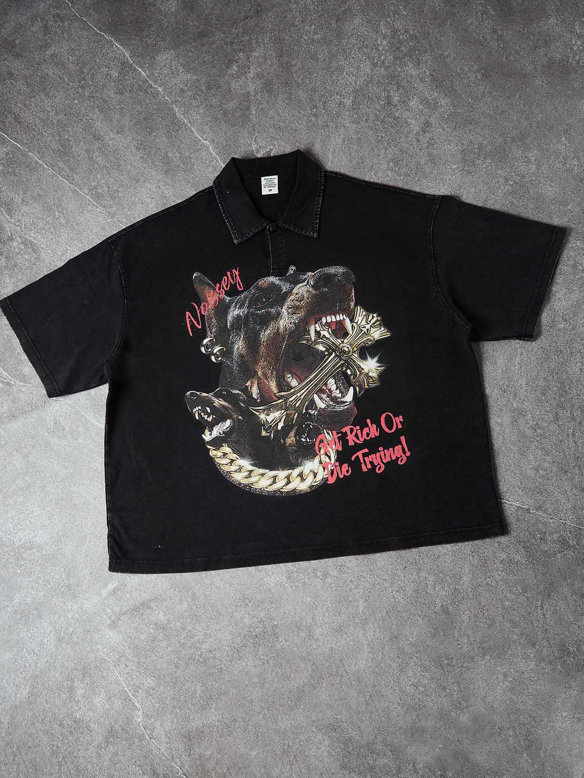 Studio layout of the structured cotton shirt highlighting the vibrant red "Noissey" branding and the high-contrast gold metallic details.