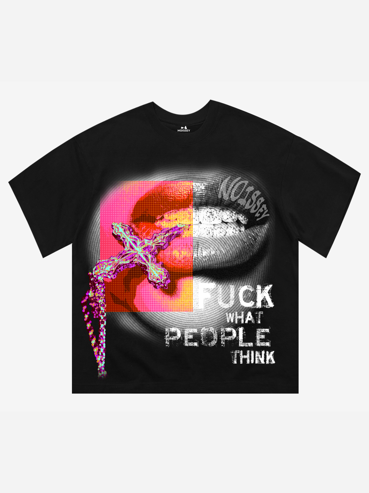 NOISSEY Cross Rosary Lips Pop Art Tee - Black Oversized Short Sleeve Shirt