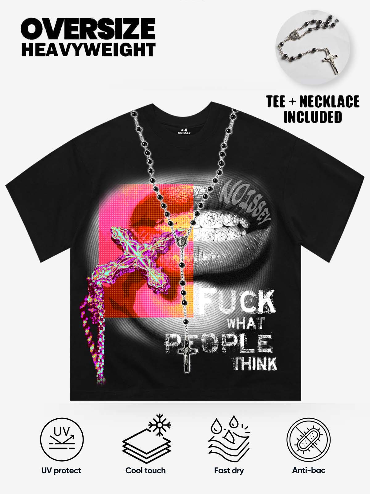 NOISSEY Cross Rosary Lips Pop Art Tee - Black Oversized Short Sleeve Shirt