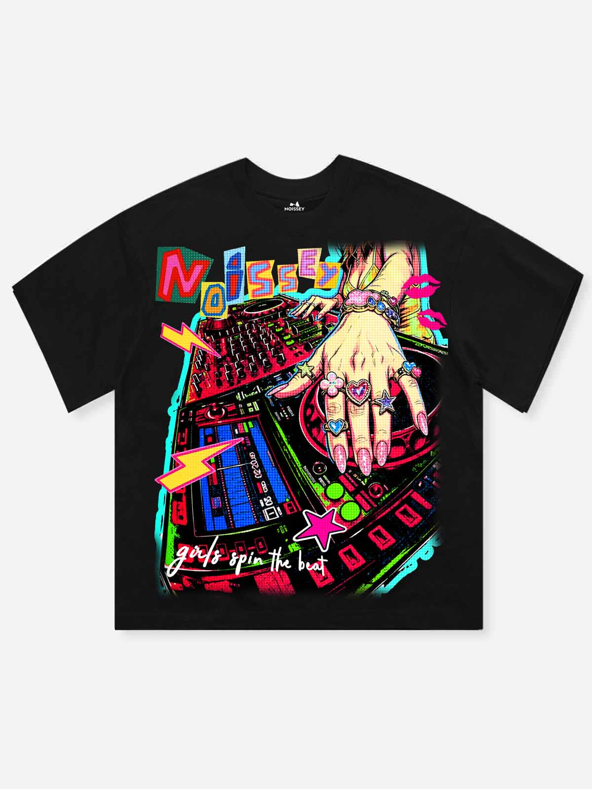 NOISSEY Pop Art DJ Turntable Oversized Graphic Tee - Black Y2K Party Streetwear Shirt