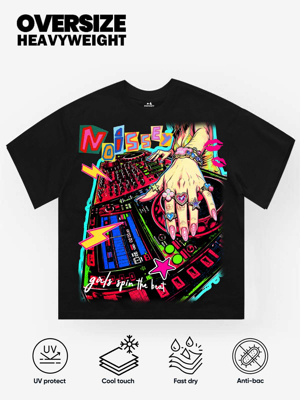 NOISSEY Pop Art DJ Turntable Oversized Graphic Tee - Black Y2K Party Streetwear Shirt