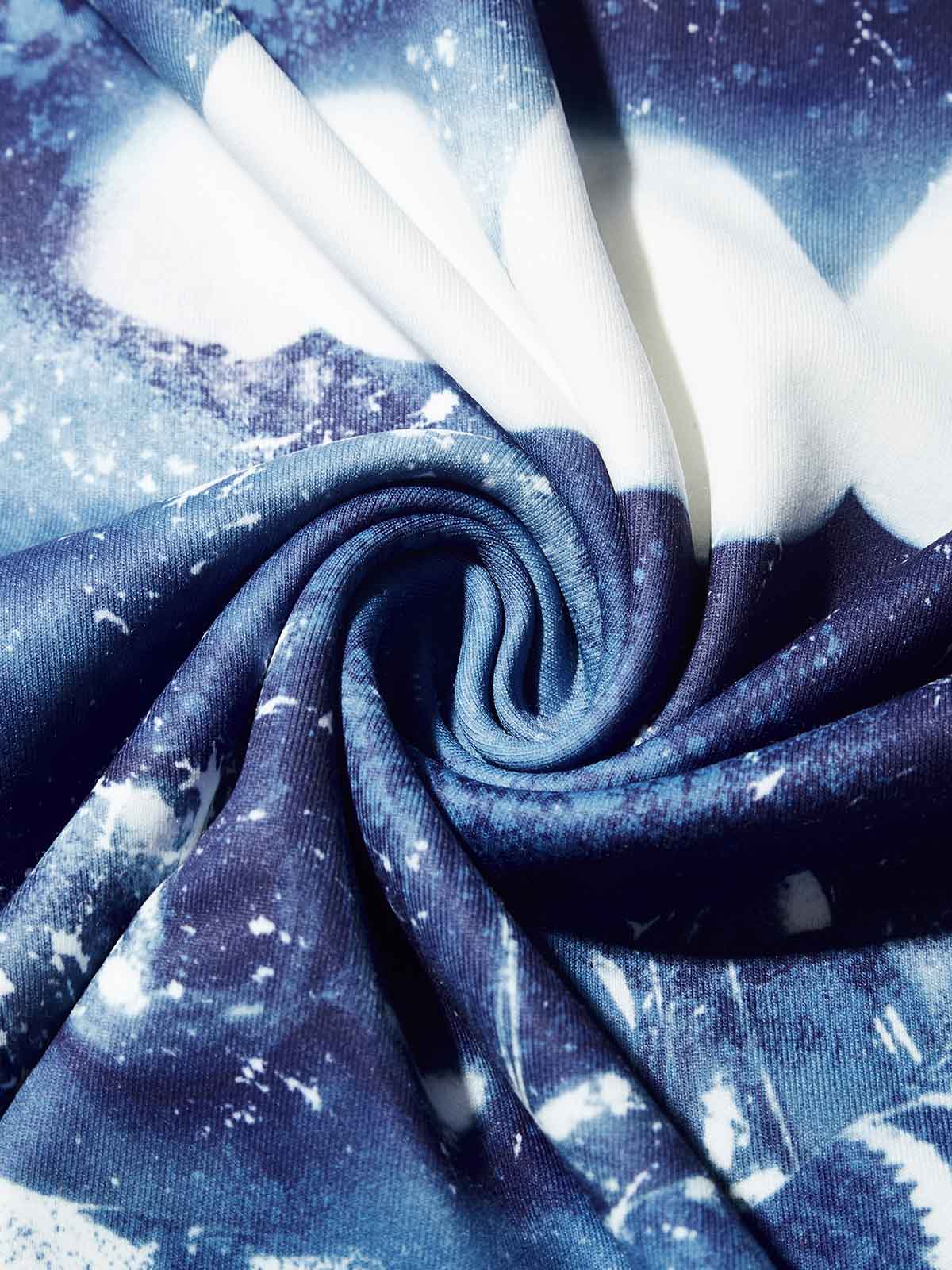 Texture shot of the blue tie-dye effect swirl on the soft air-layer fabric