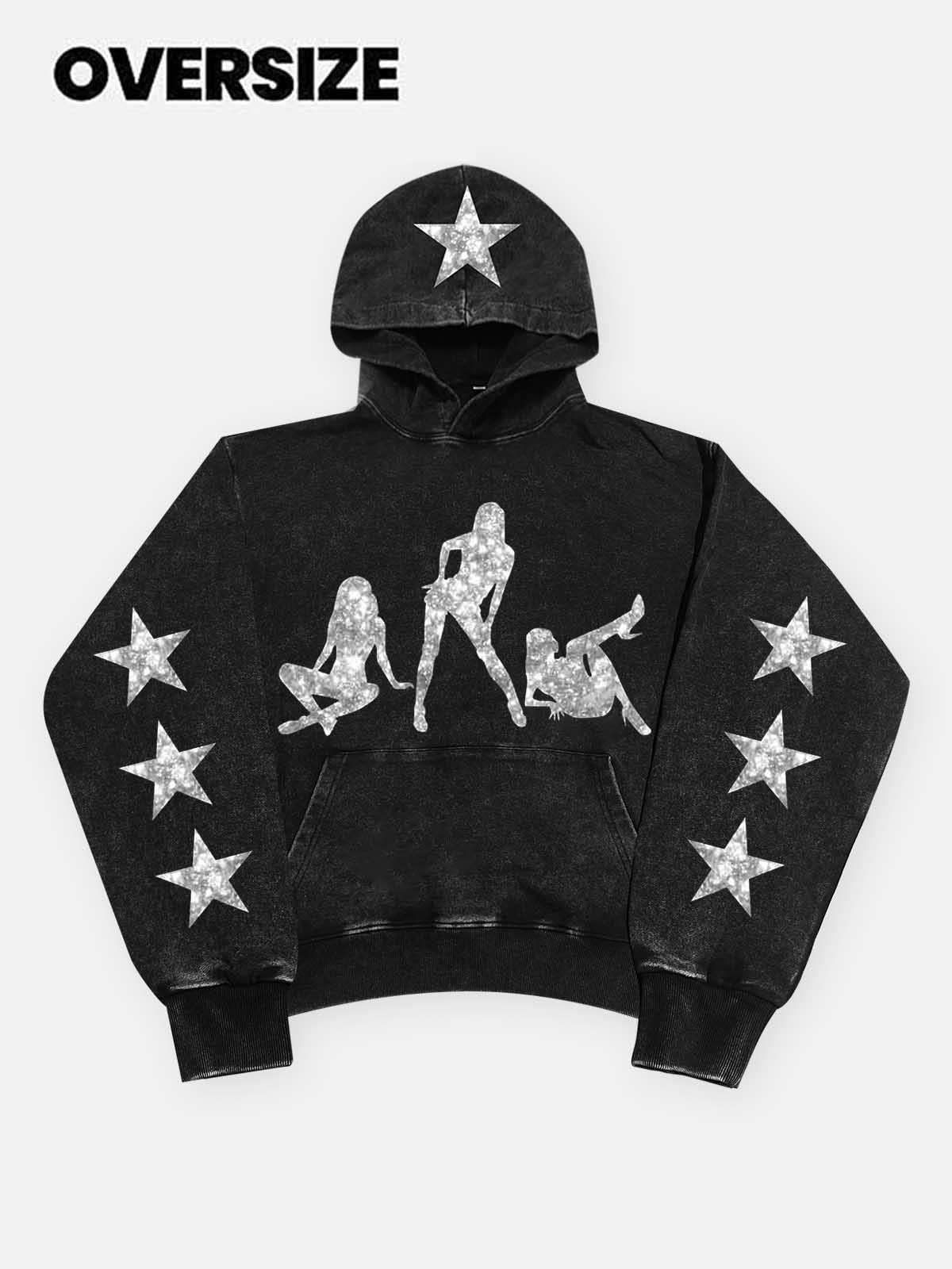 High quality Midnight Stars Sparkle Black Washed 425g Print Hoodie