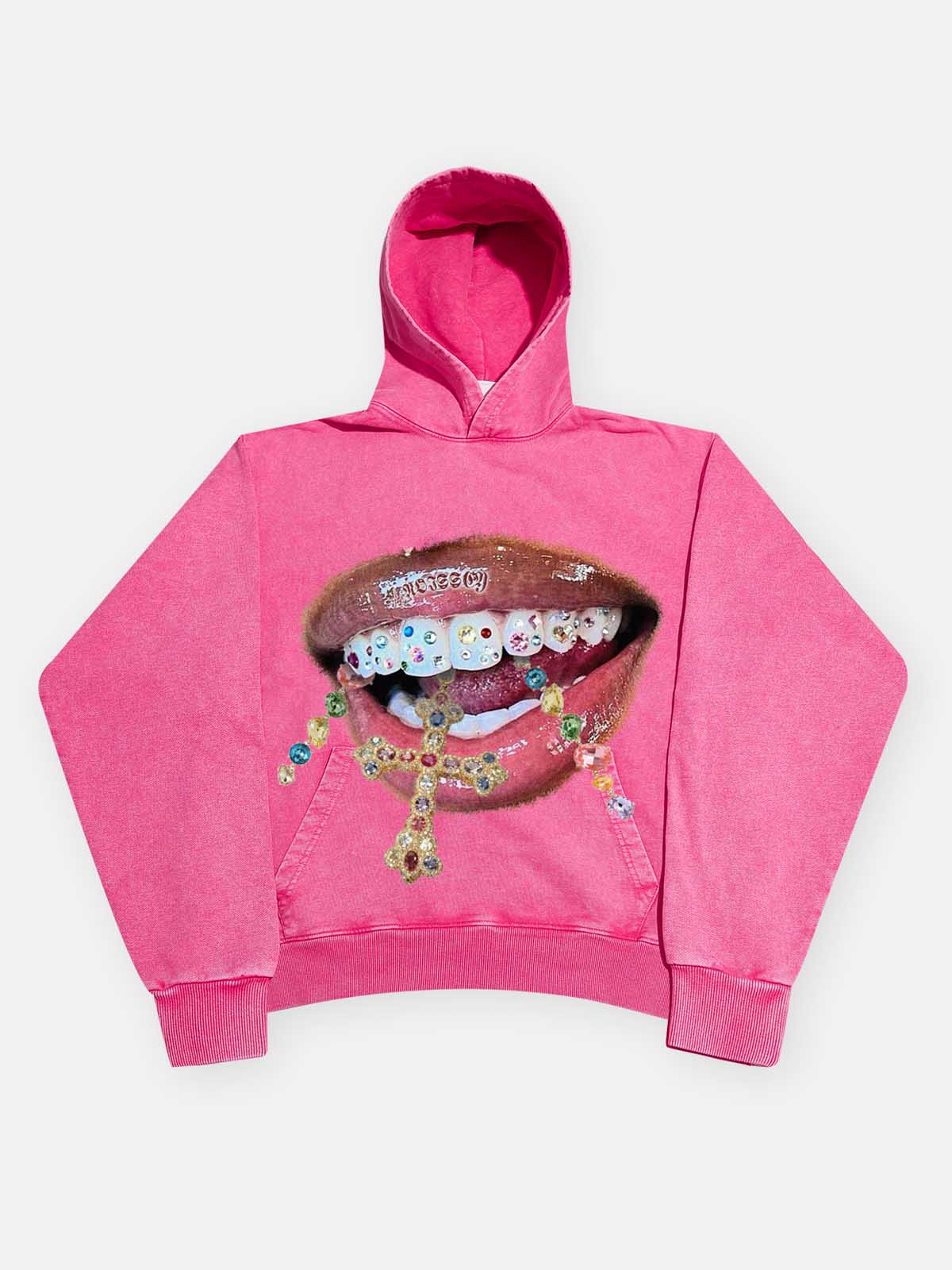 High quality Diamond Teeth Cross Print 425g Washed Hoodie