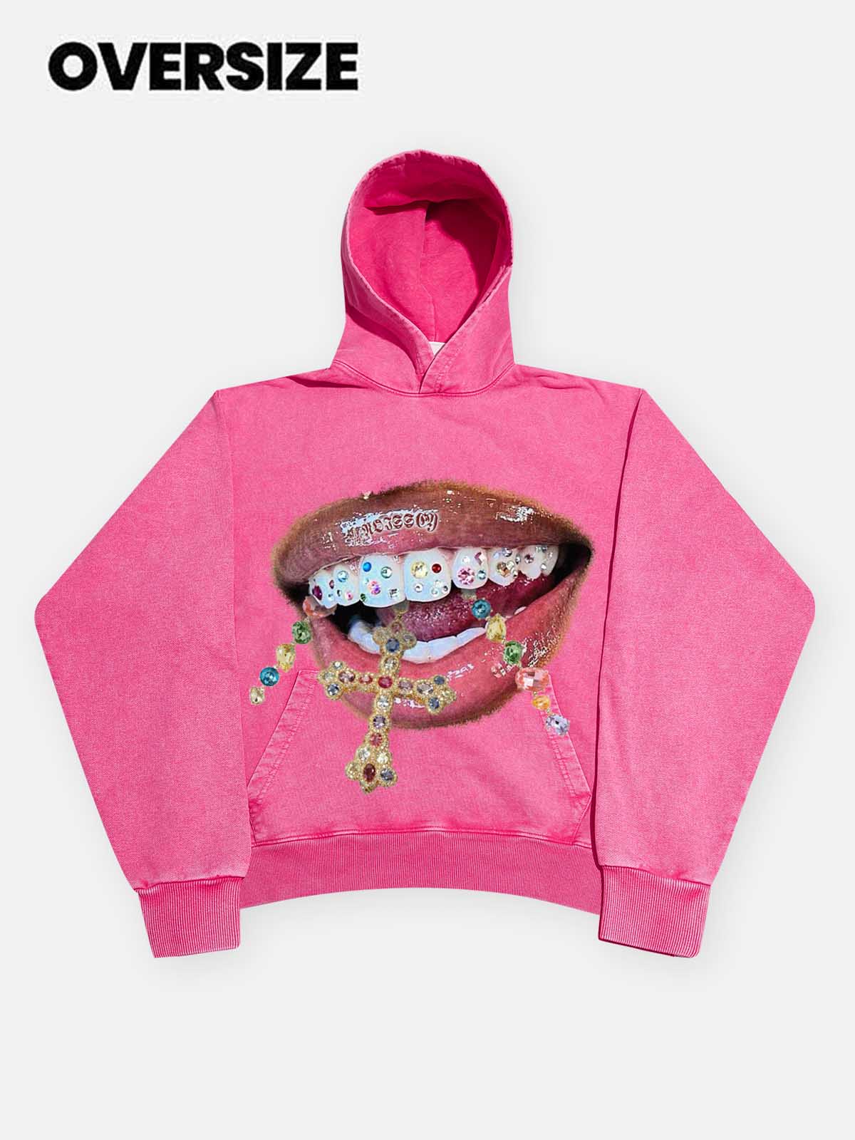 High quality Diamond Teeth Cross Print 425g Washed Hoodie