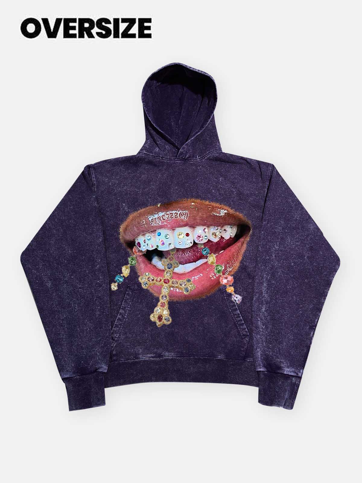 High quality Diamond Teeth Cross Print 425g Washed Hoodie