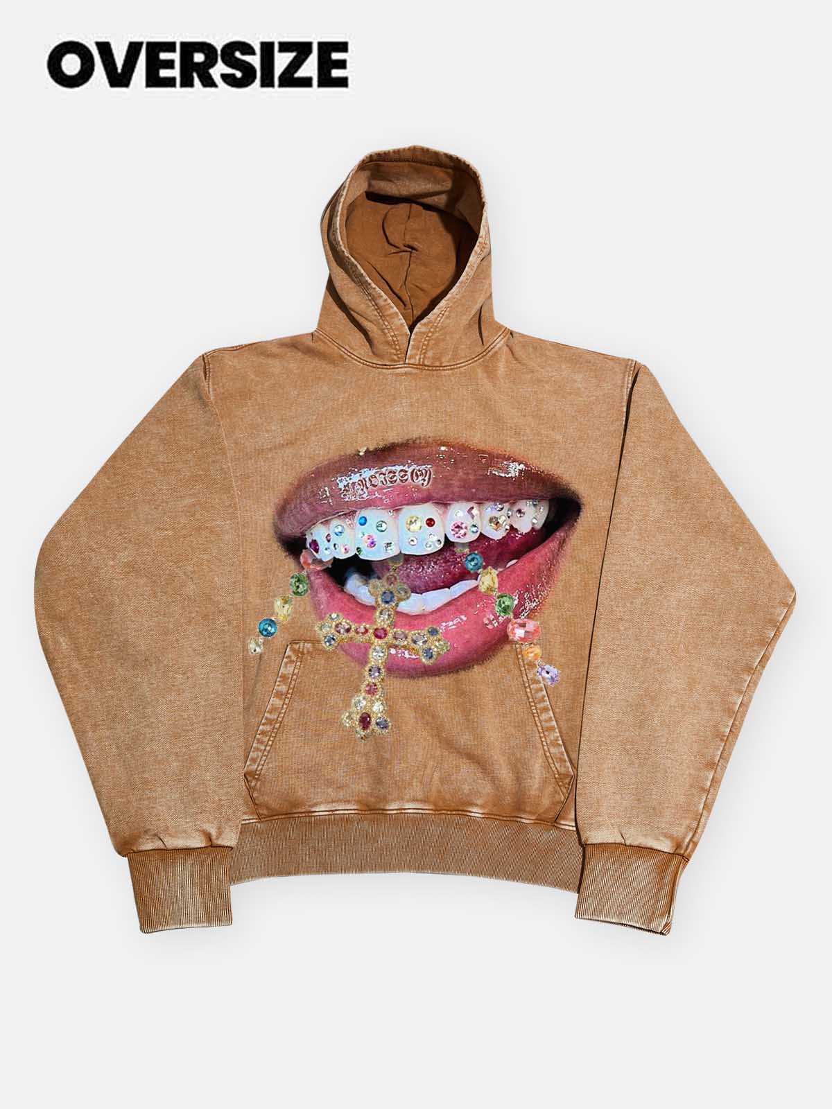 Vintage brown washed streetwear hoodie featuring jeweled cross mouth design