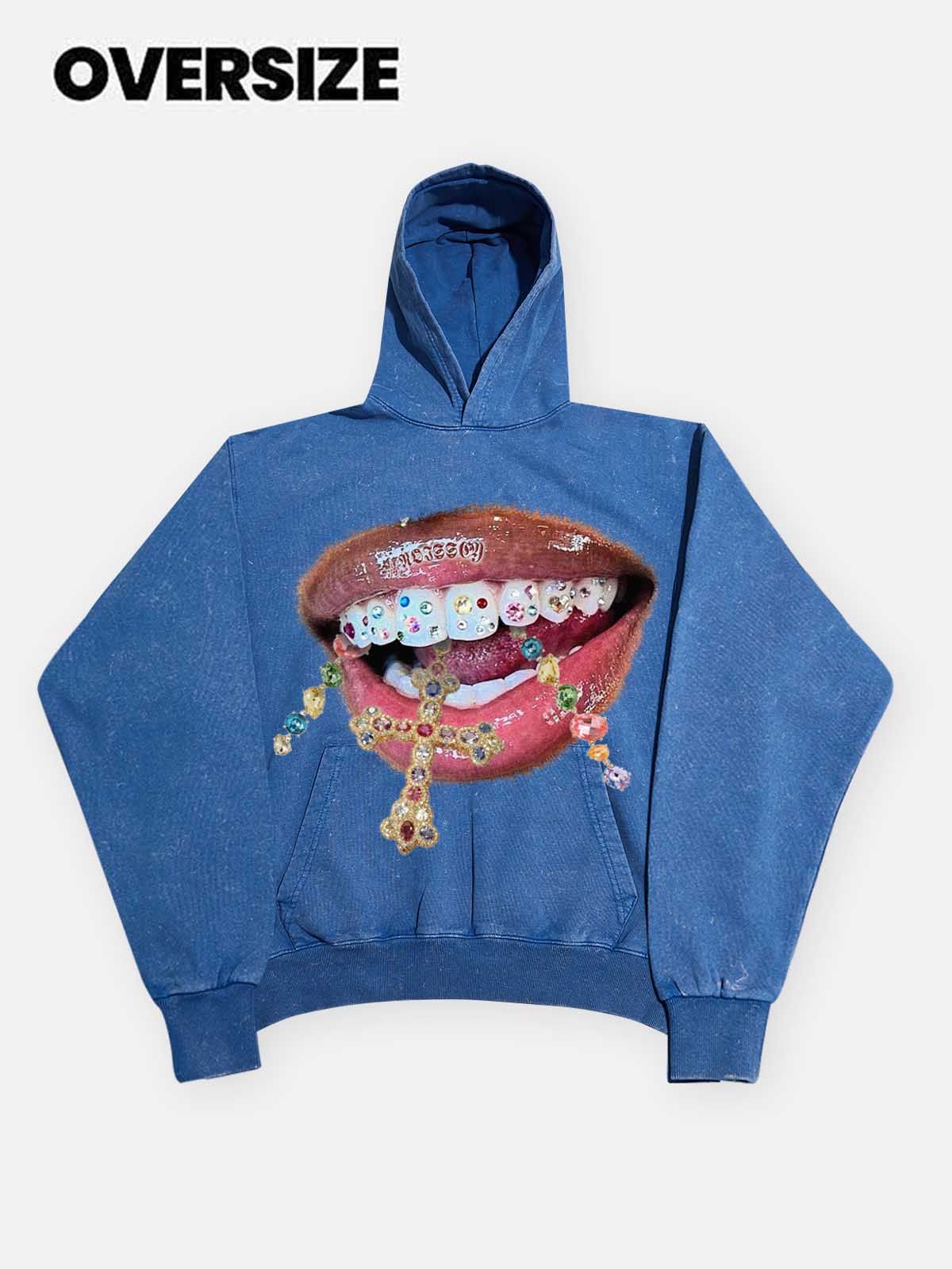 Washed blue oversized hoodie with diamond teeth cross graphic