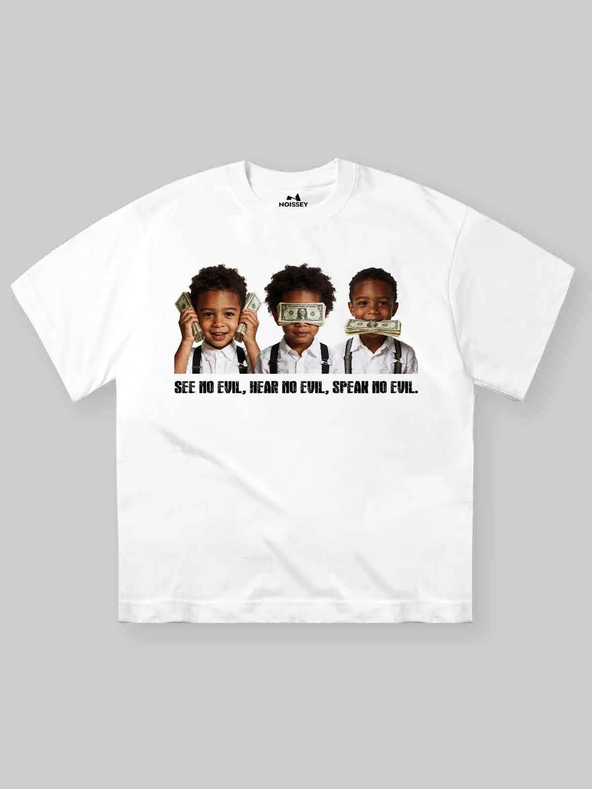 White oversized t-shirt with a graphic print of three children holding stacks of money over their eyes, ears, and mouth.