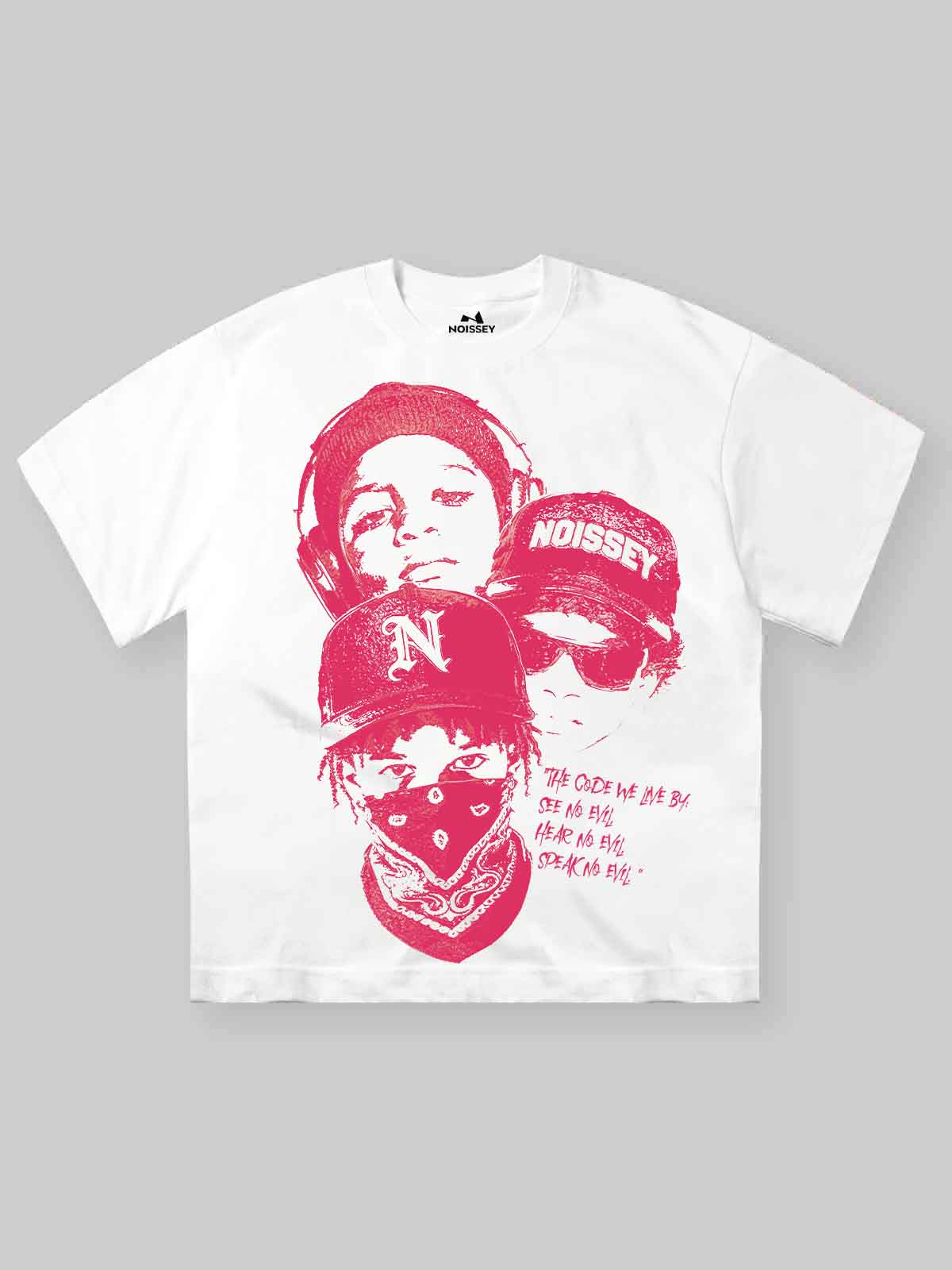 White streetwear t-shirt with a bold red high-contrast graphic of three children in hats and bandanas embodying the "See No Evil" code.