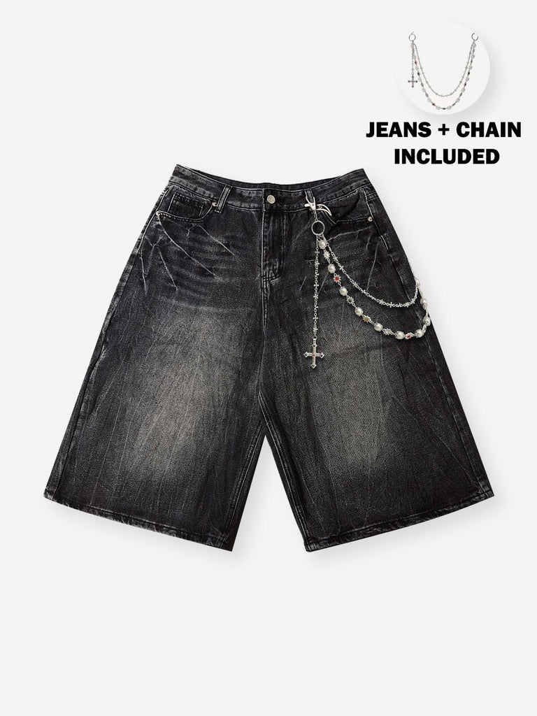 NOISSEY ARCHIVAL DENIM - WASHED JEANS SHORTS WITH CRUCIFIX CHAIN